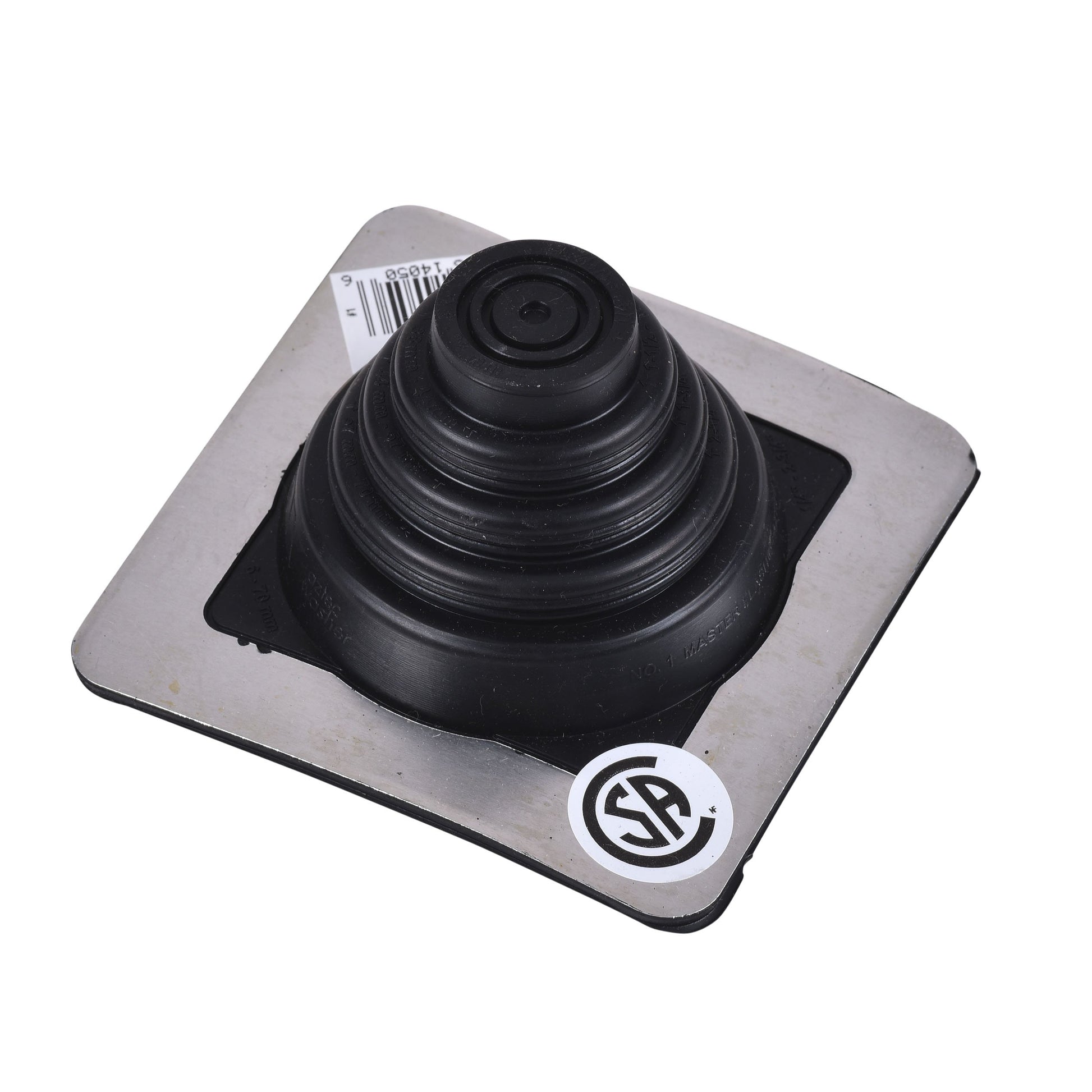 Black EPDM roof flashing with conical rubber boot mounted on square gray base with certification marking.