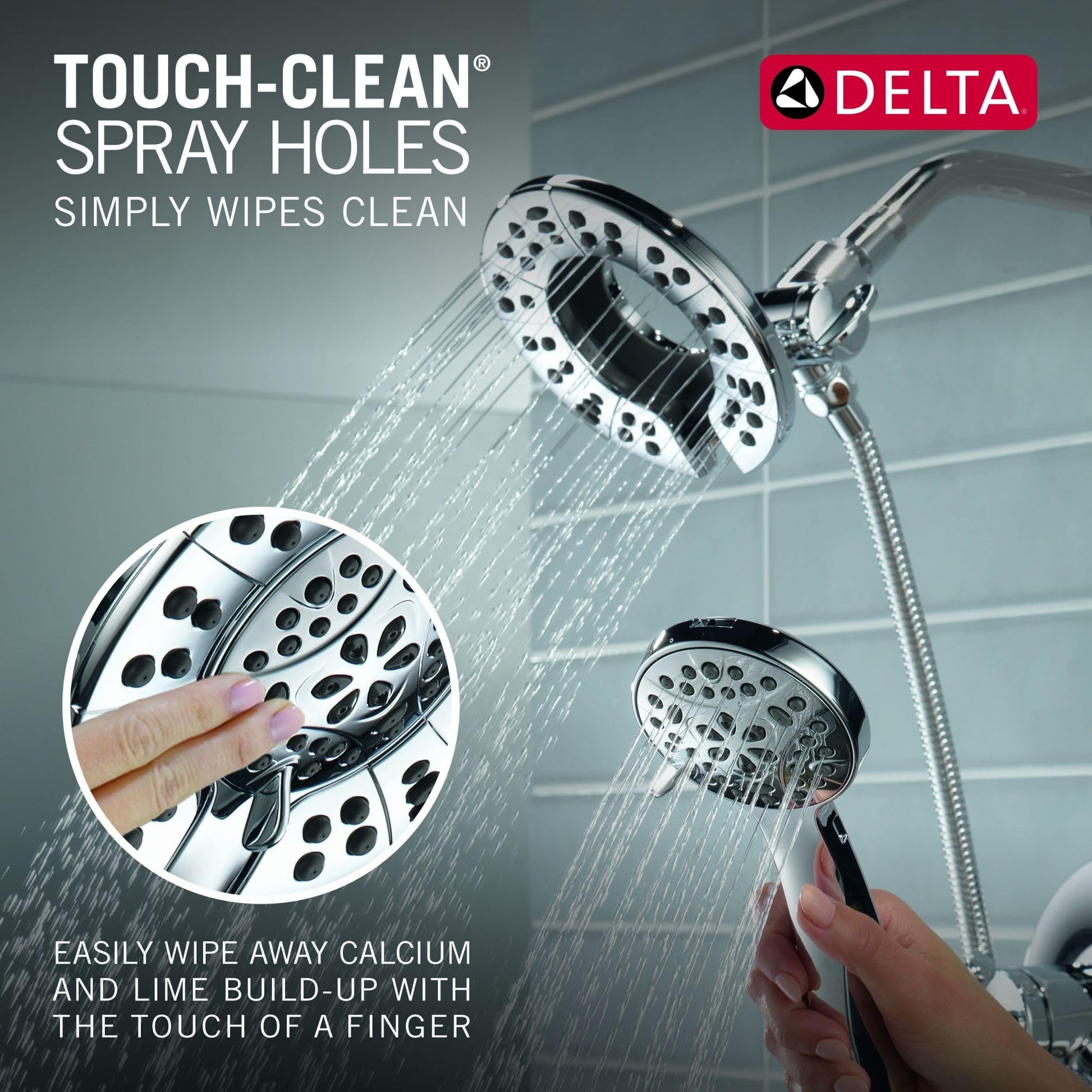 Champagne bronze showerhead and handheld spray with multiple spray holes, demonstrating water flow and touch-clean functional