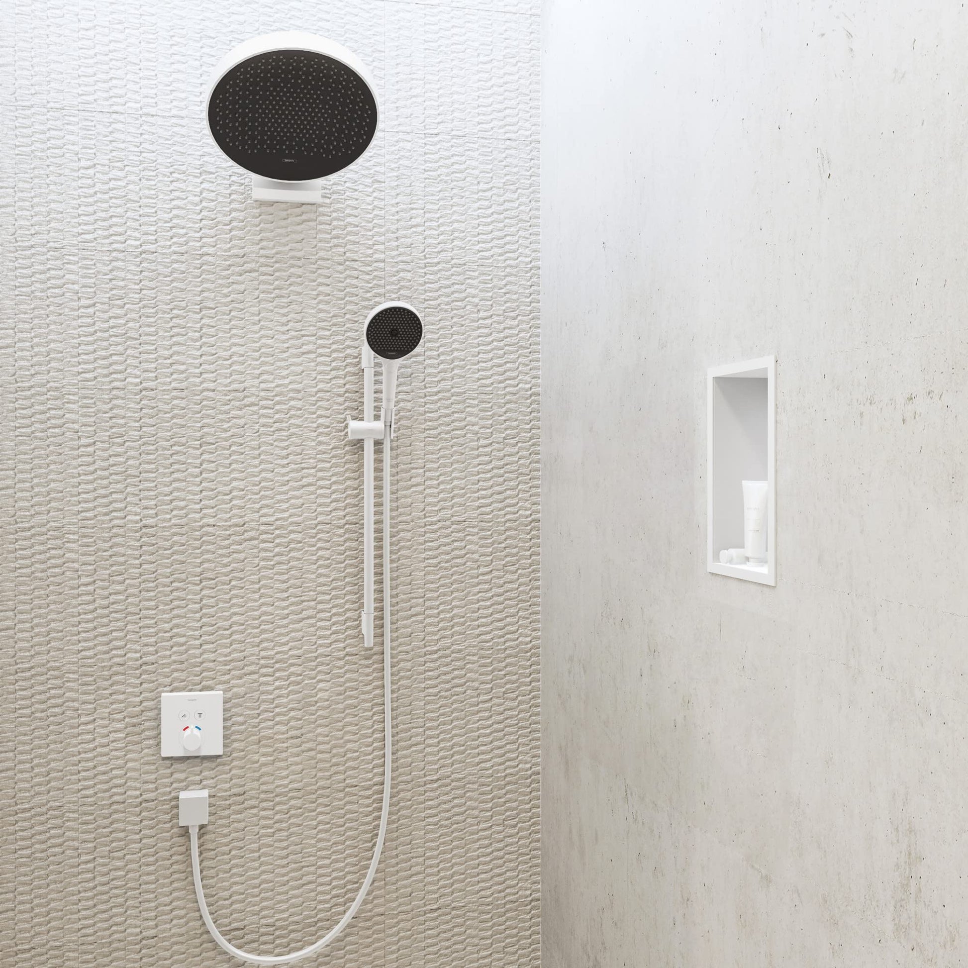 Matte white rectangular wall niche installed in bathroom tile with handheld showerhead and overhead rainfall showerhead visib