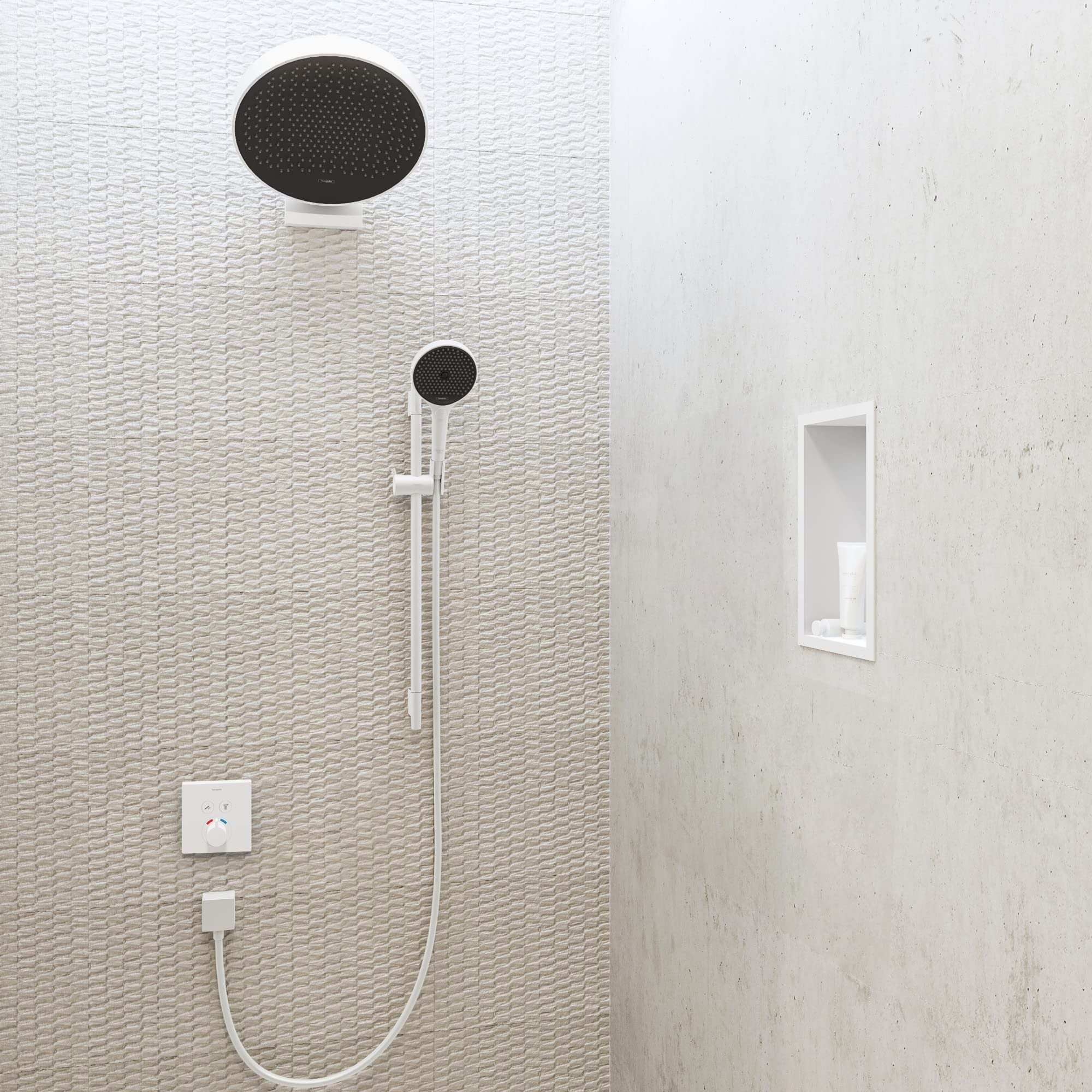 Matte white rectangular wall niche installed in bathroom tile with handheld showerhead and overhead rainfall showerhead visib
