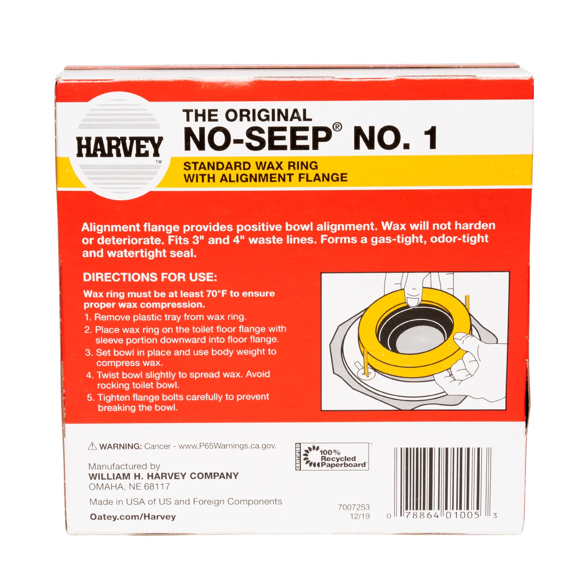 Harvey No-Seep No. 1 standard wax ring with yellow alignment flange and product packaging displayed.