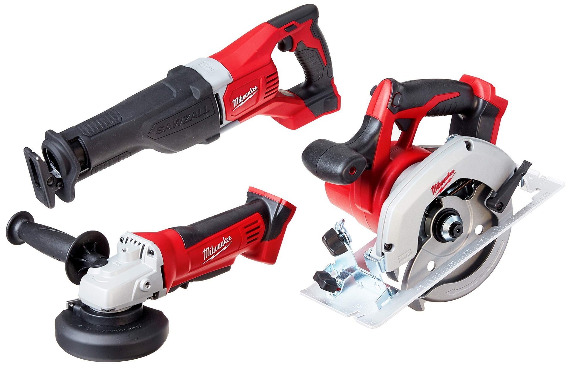 Three red and black Milwaukee cordless power tools: reciprocating saw, circular saw, and angle grinder.