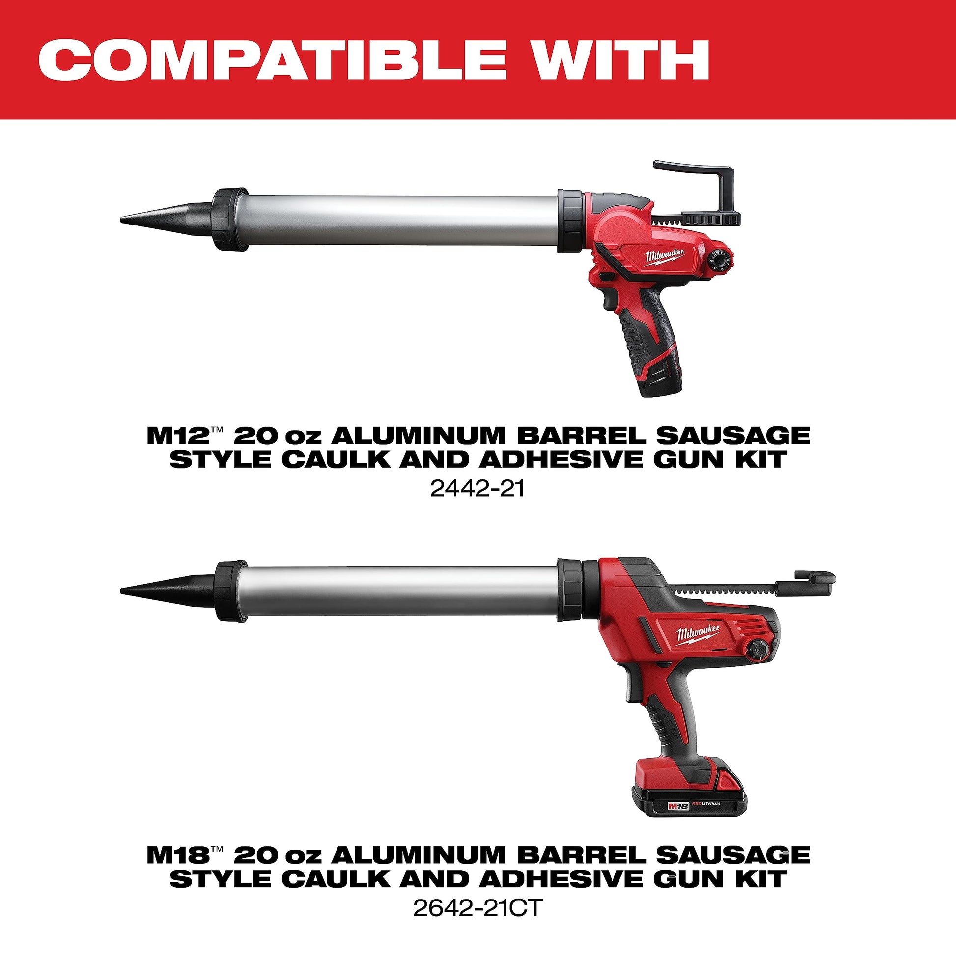 20 oz aluminum barrel sausage conversion kit with pointed nozzle for caulk guns, shown in two compatible configurations.