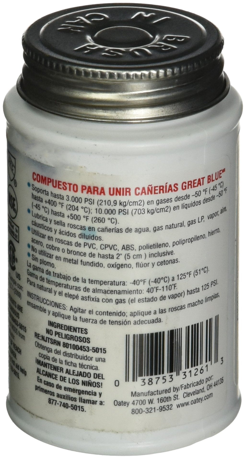 Blue pipe joint compound sealant in white cylindrical container with metal screw cap.