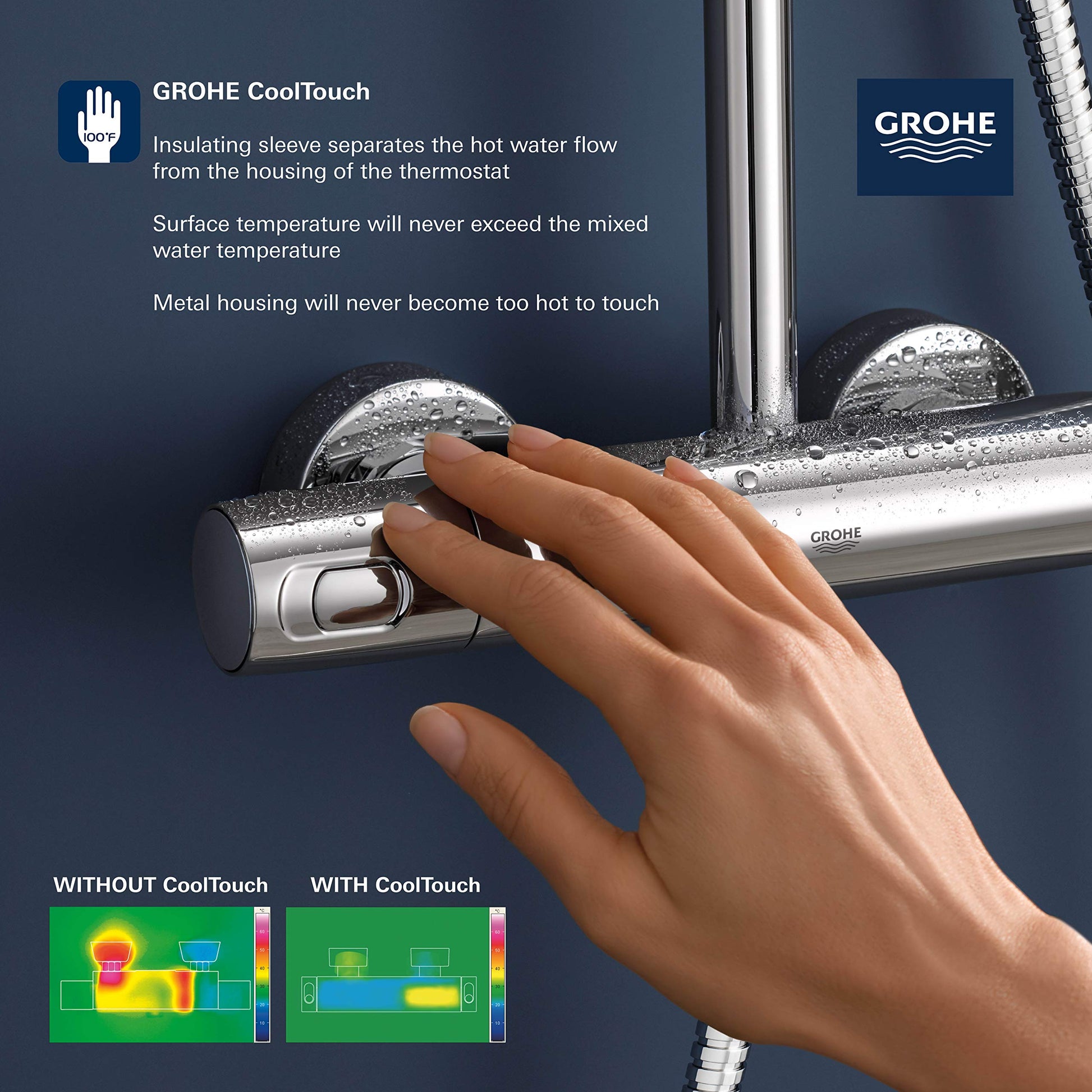 Hand touching brushed nickel thermostatic shower system with water droplets, demonstrating cool-touch safety feature.