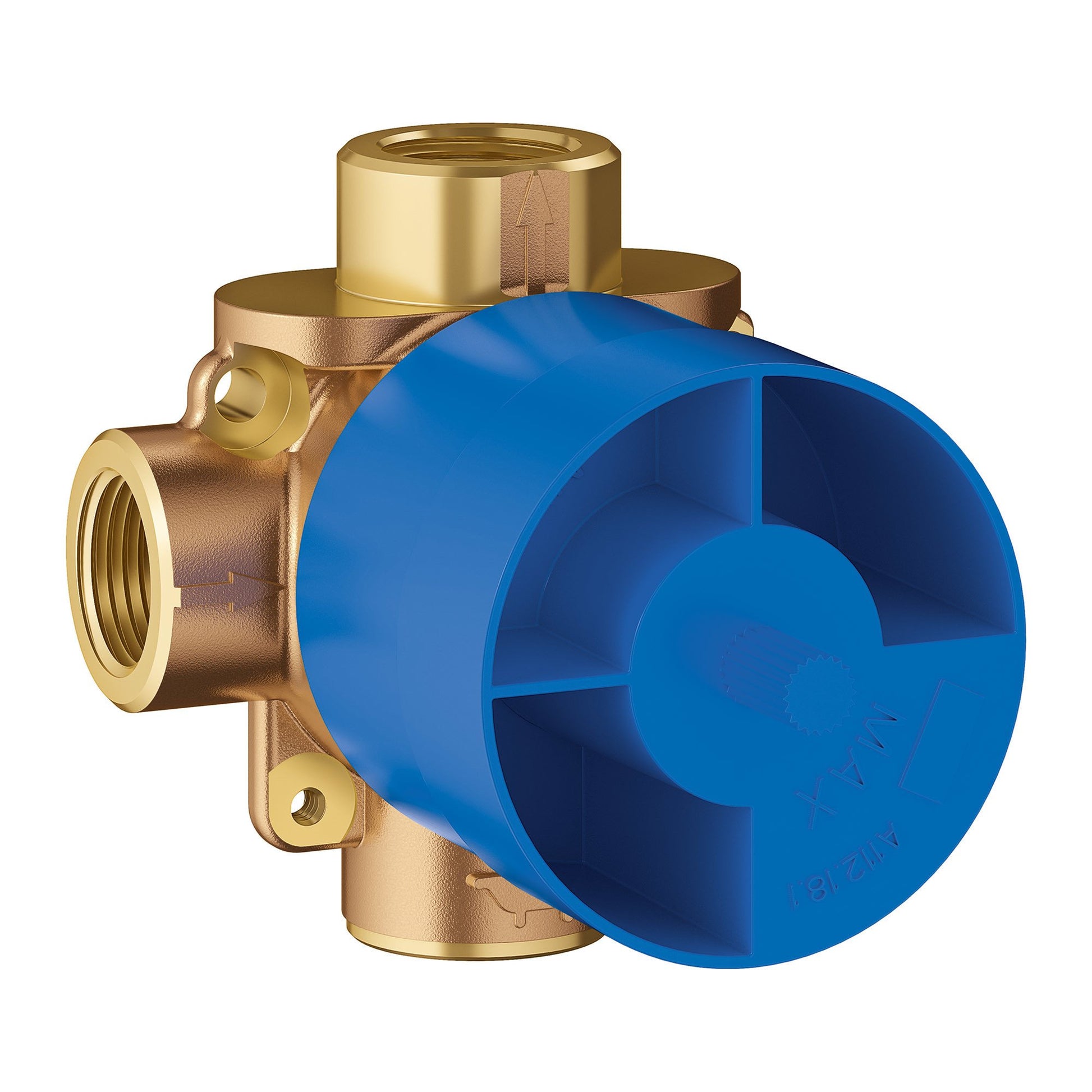 Brass 3-way diverter valve with blue plastic cover, threaded ports, and mounting brackets for in-wall installation.