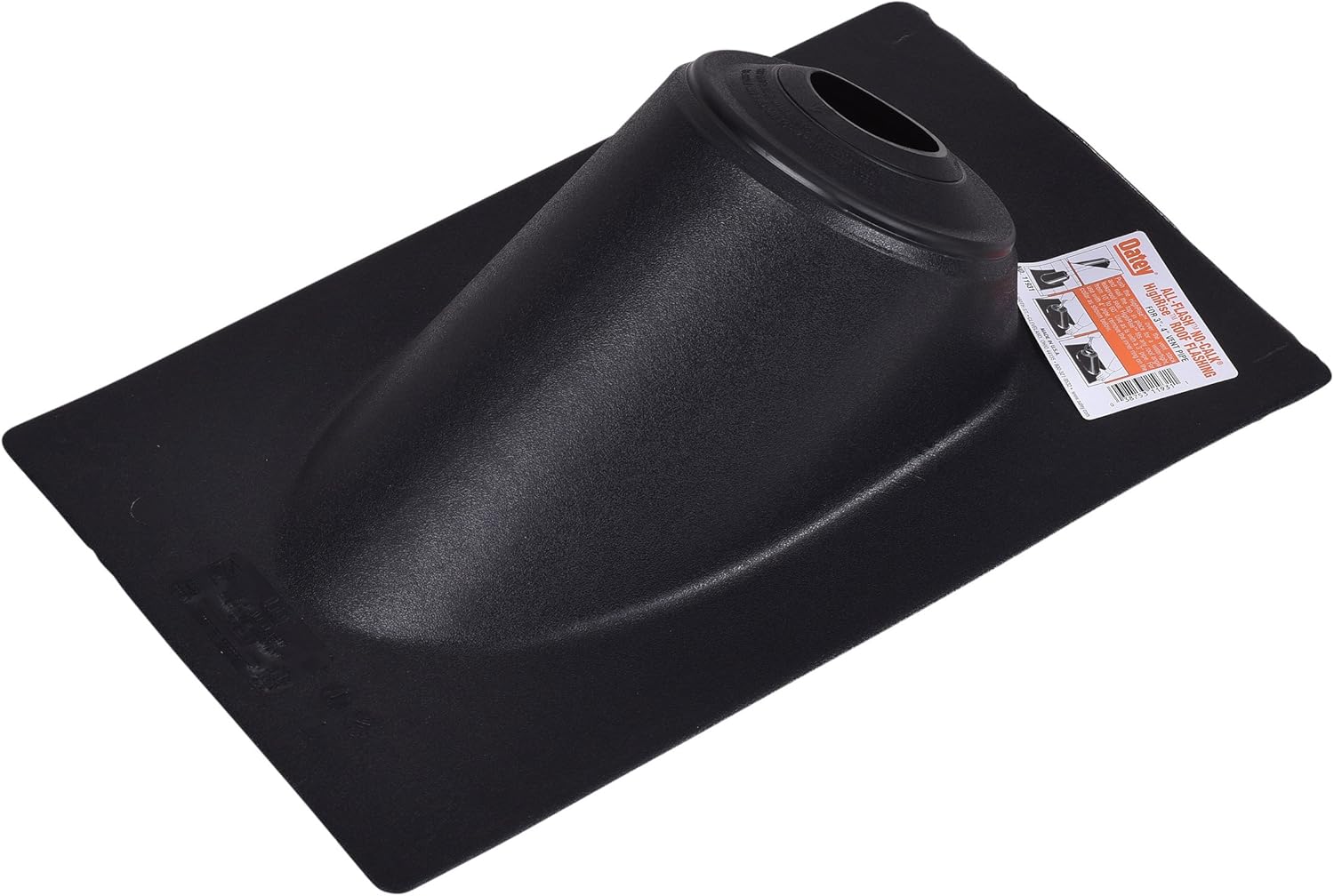 Black thermoplastic roof flashing with raised cylindrical collar and rectangular base plate with orange product label.