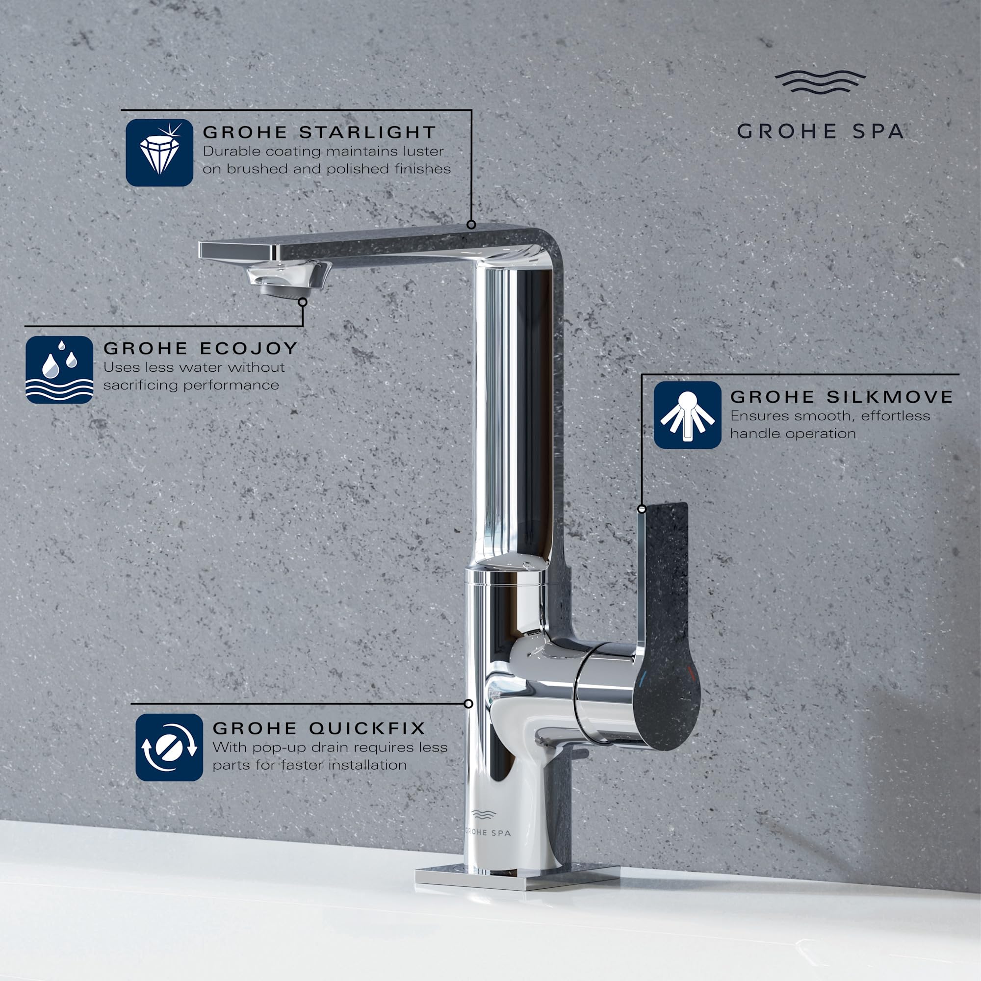 Grohe Allure chrome single-handle bathroom faucet with tall spout and black handle on white sink surface.