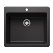 Anthracite single bowl kitchen sink with rounded edges, chrome drain fixture, and single faucet hole.