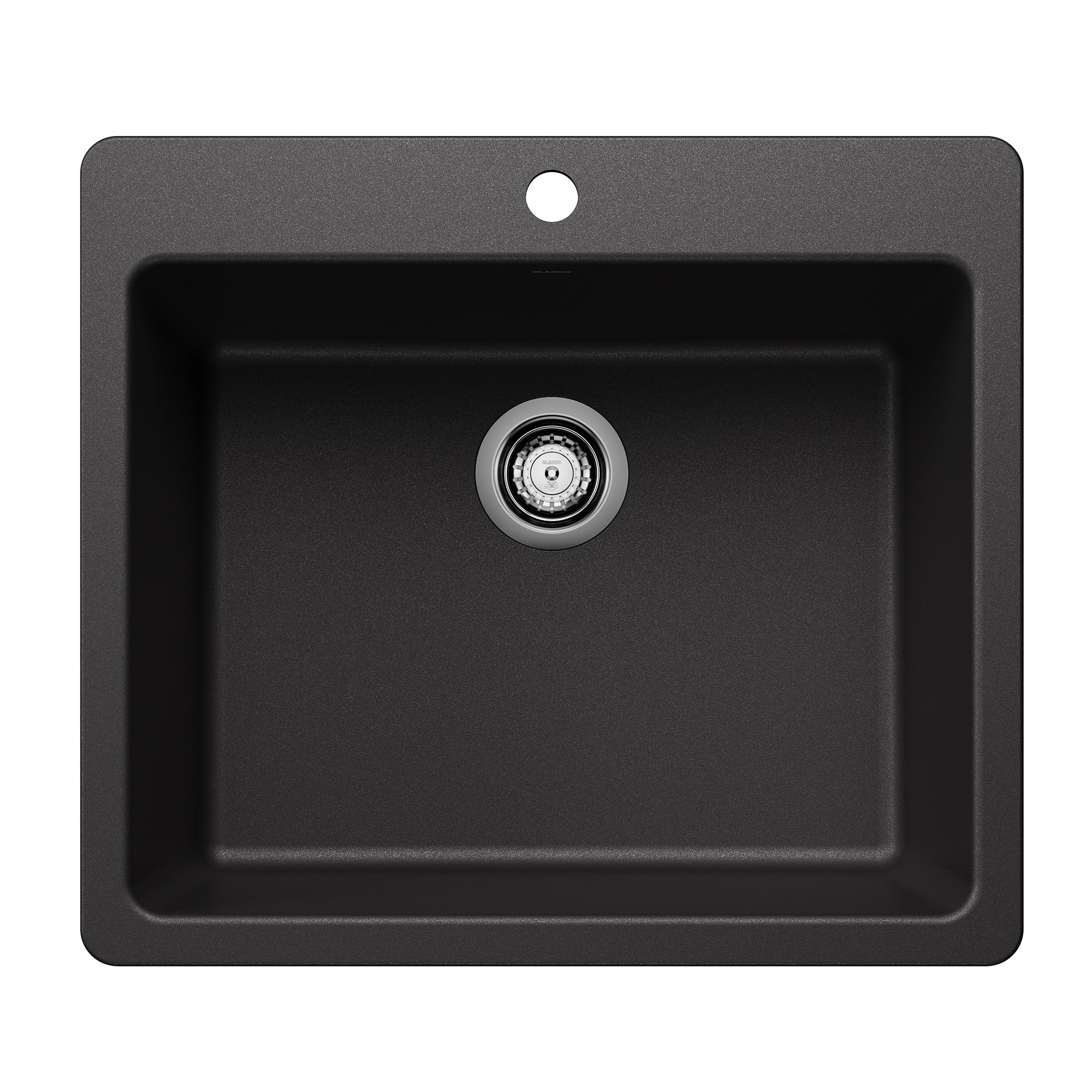 Anthracite single bowl kitchen sink with rounded edges, chrome drain fixture, and single faucet hole.