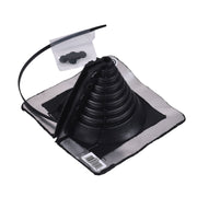 Black retrofit roof flashing with adjustable cone, gray base, flexible pipe collar, and included fasteners.