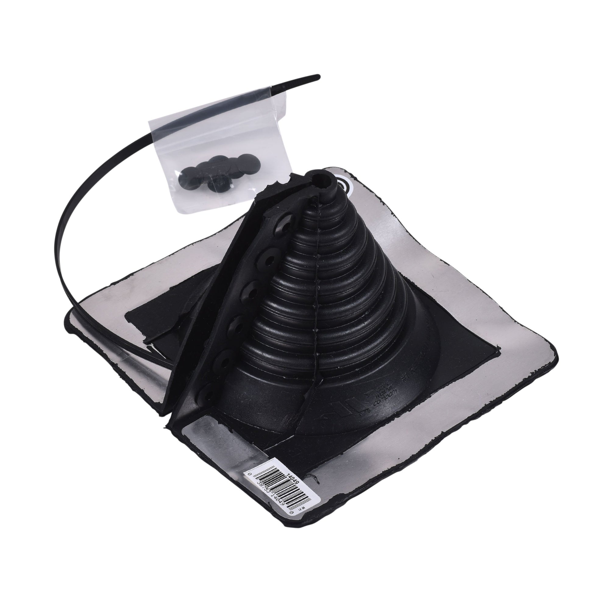 Black retrofit roof flashing with adjustable cone, gray base, flexible pipe collar, and included fasteners.