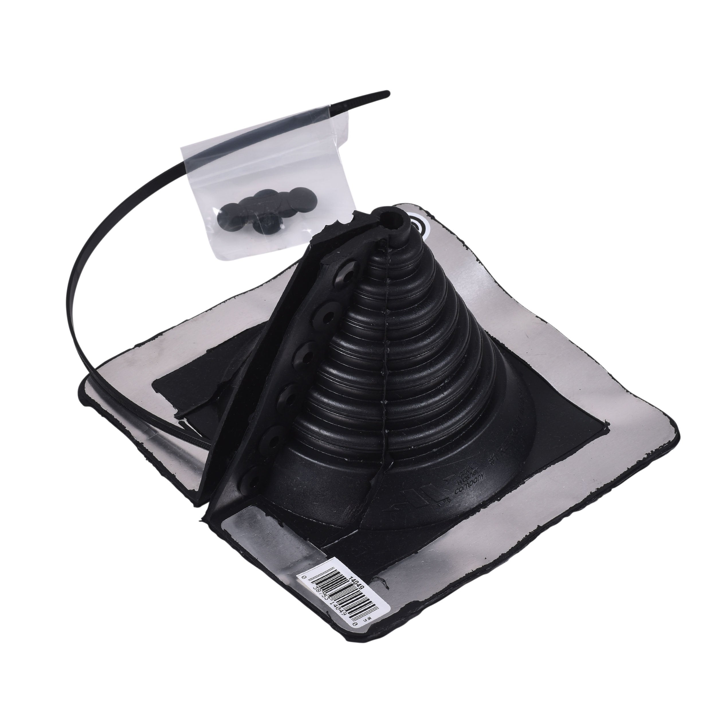 Black retrofit roof flashing with adjustable cone, gray base, flexible pipe collar, and included fasteners.