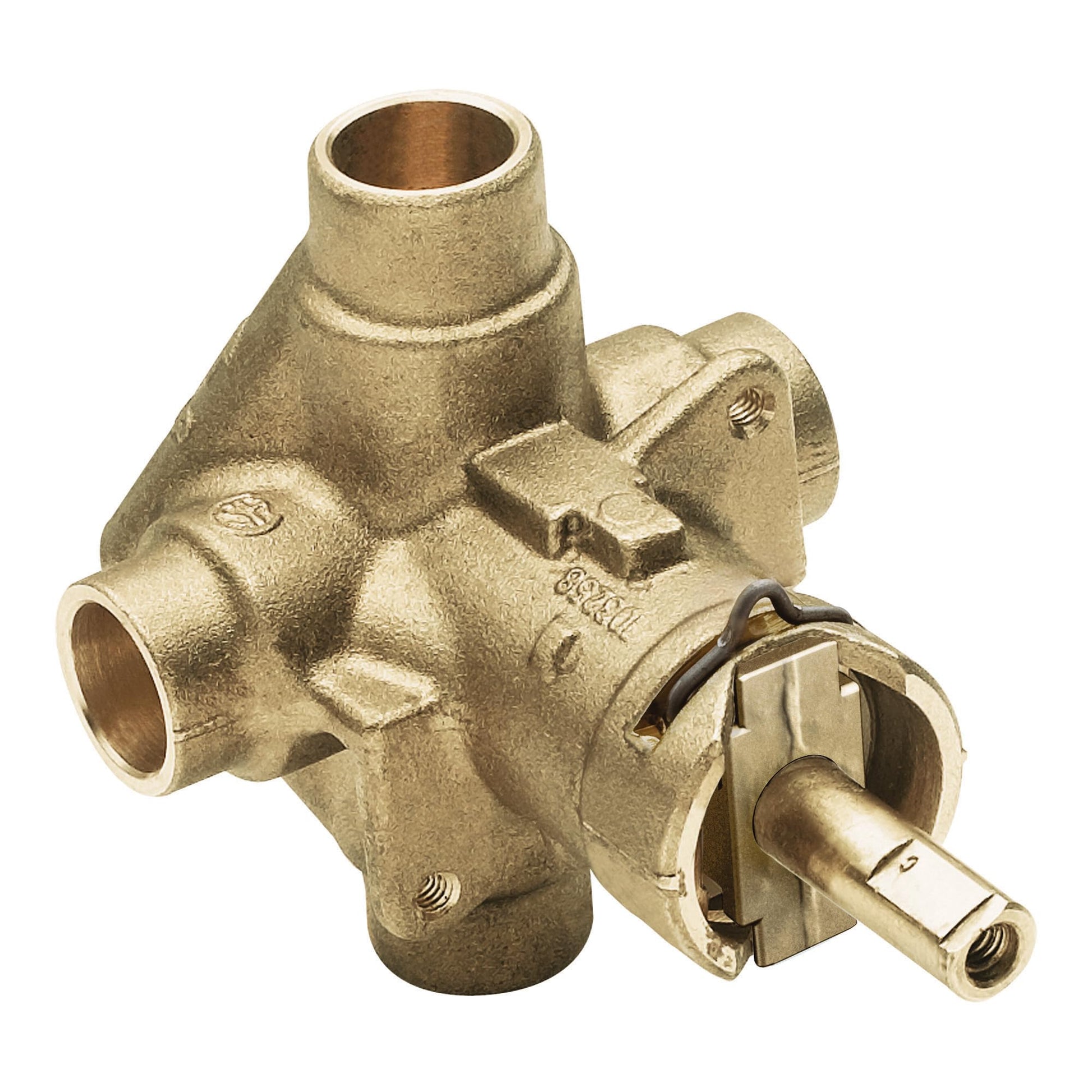 Brass rough-in valve with multiple connection ports and internal cartridge mechanism visible.