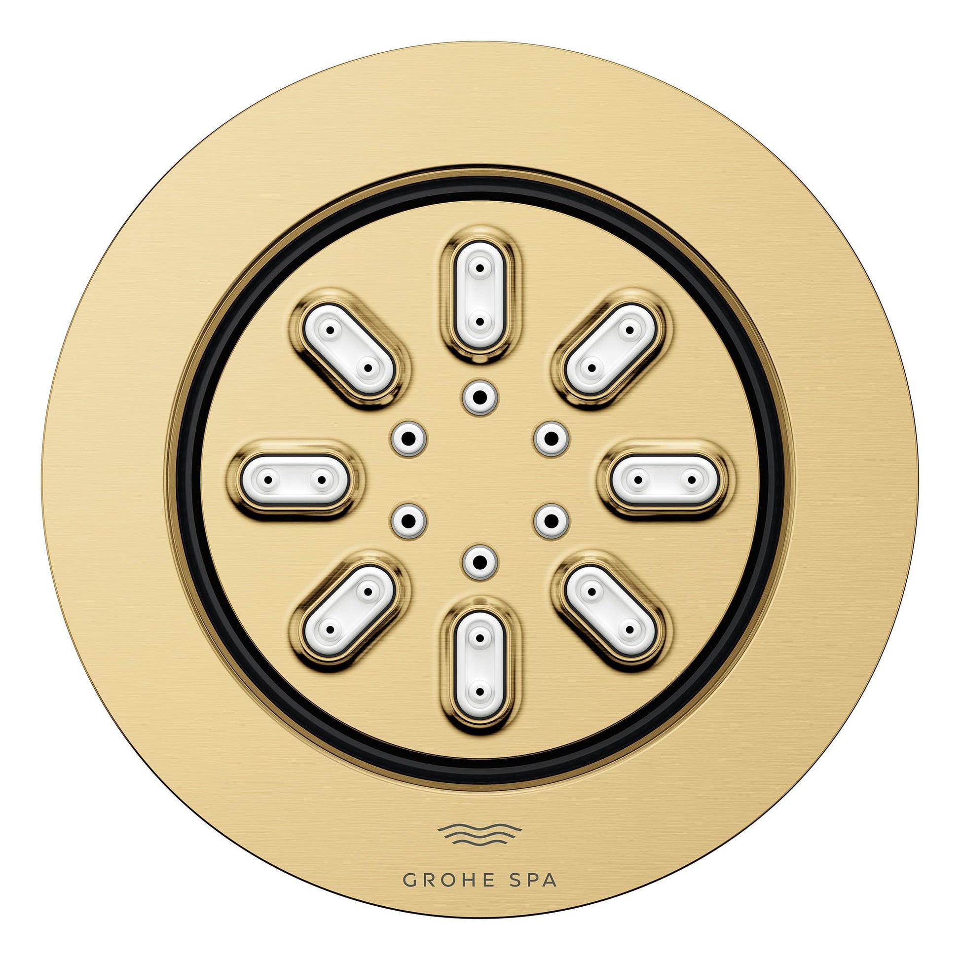 Round brushed gold body spray with eight oval spray nozzles and four small circular jets arranged in circular pattern.