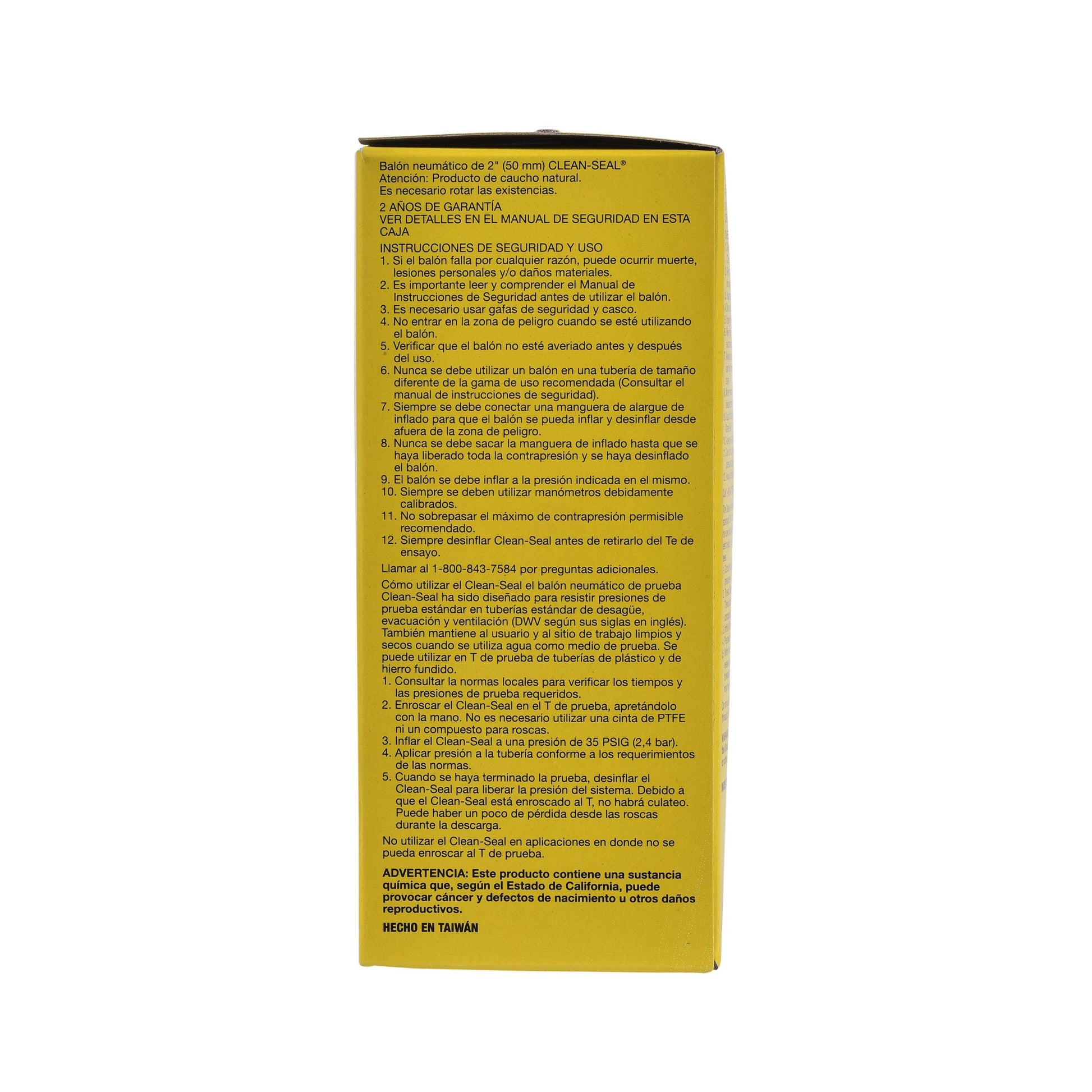 Back of yellow packaging box for 2 in. black Clean-Seal test plug with Spanish and English safety instructions and product de