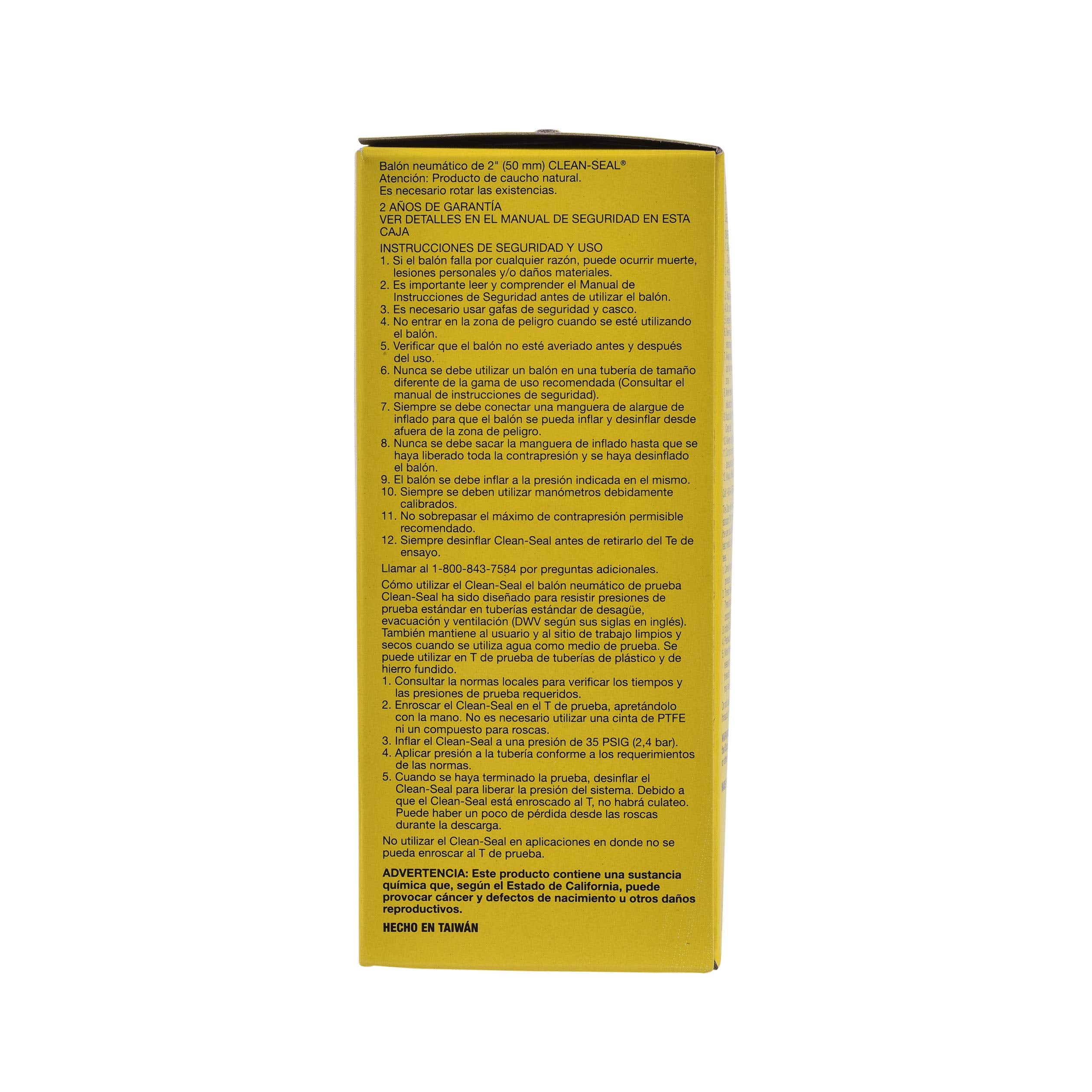 Back of yellow packaging box for 2 in. black Clean-Seal test plug with Spanish and English safety instructions and product de