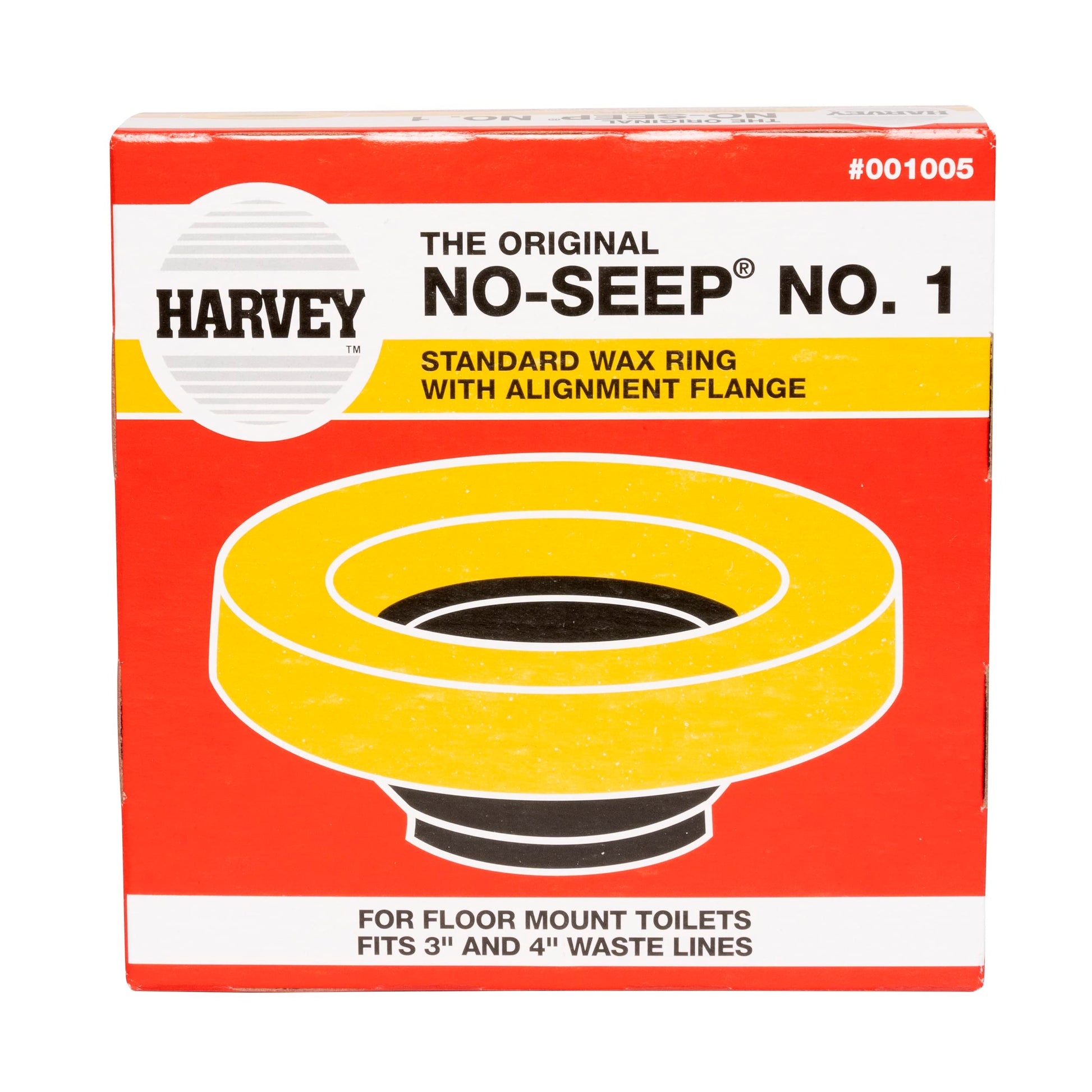 Harvey No-Seep standard wax ring with yellow flange and black center for floor mount toilets, product number 001005.