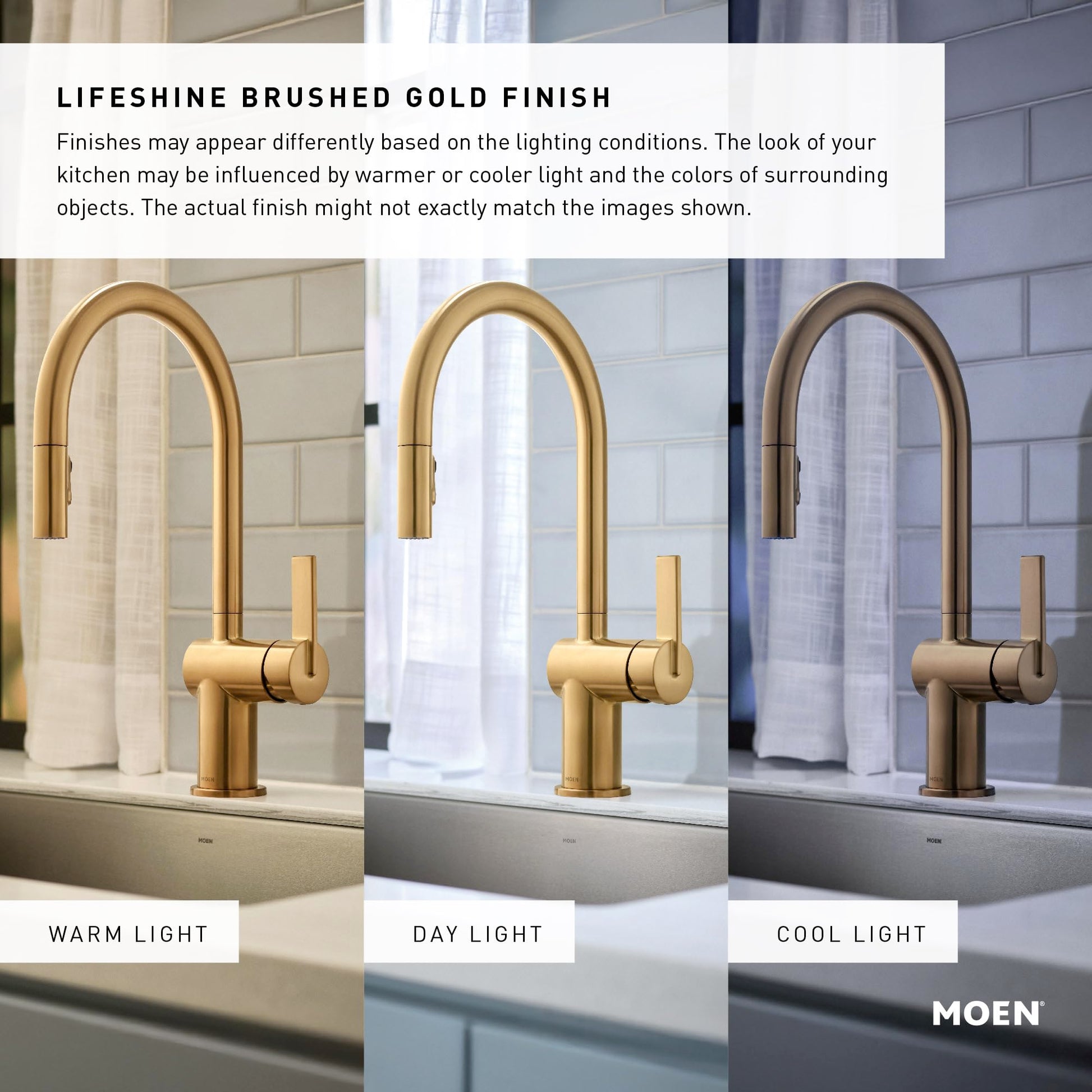 Moen Cia pulldown kitchen faucet with brushed gold finish shown in warm, day, and cool lighting conditions.