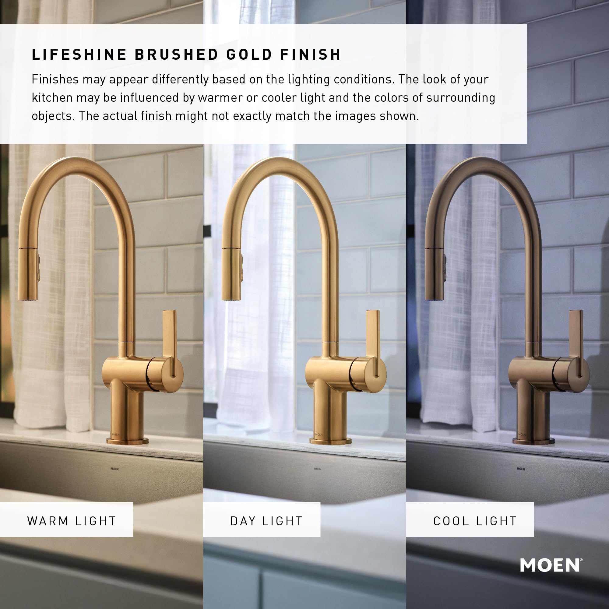 Moen Cia pulldown kitchen faucet with brushed gold finish shown in warm, day, and cool lighting conditions.