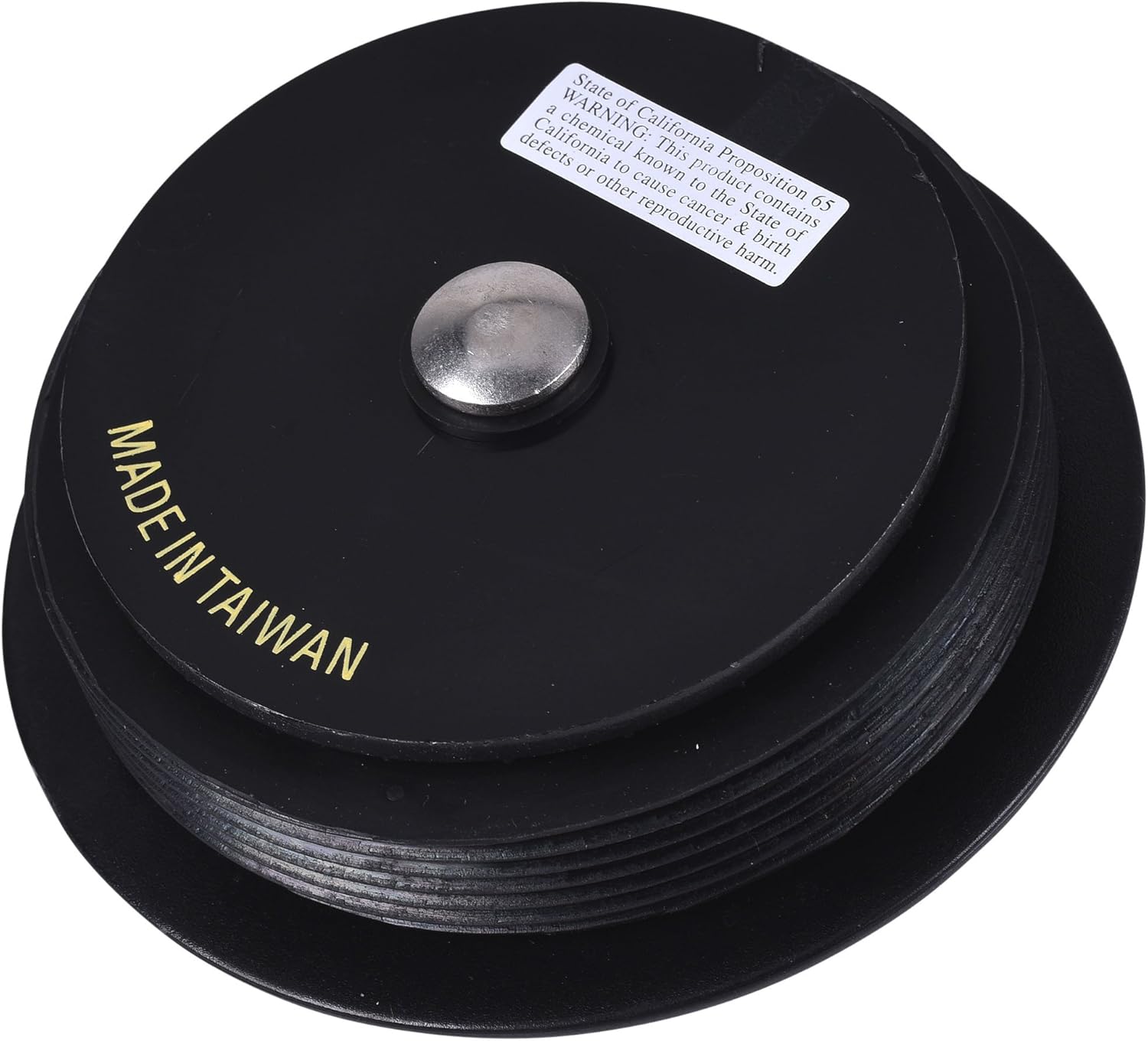 Black mechanical clean out plug with 4-inch diameter, metal center knob, and "Made in Taiwan" text on side.