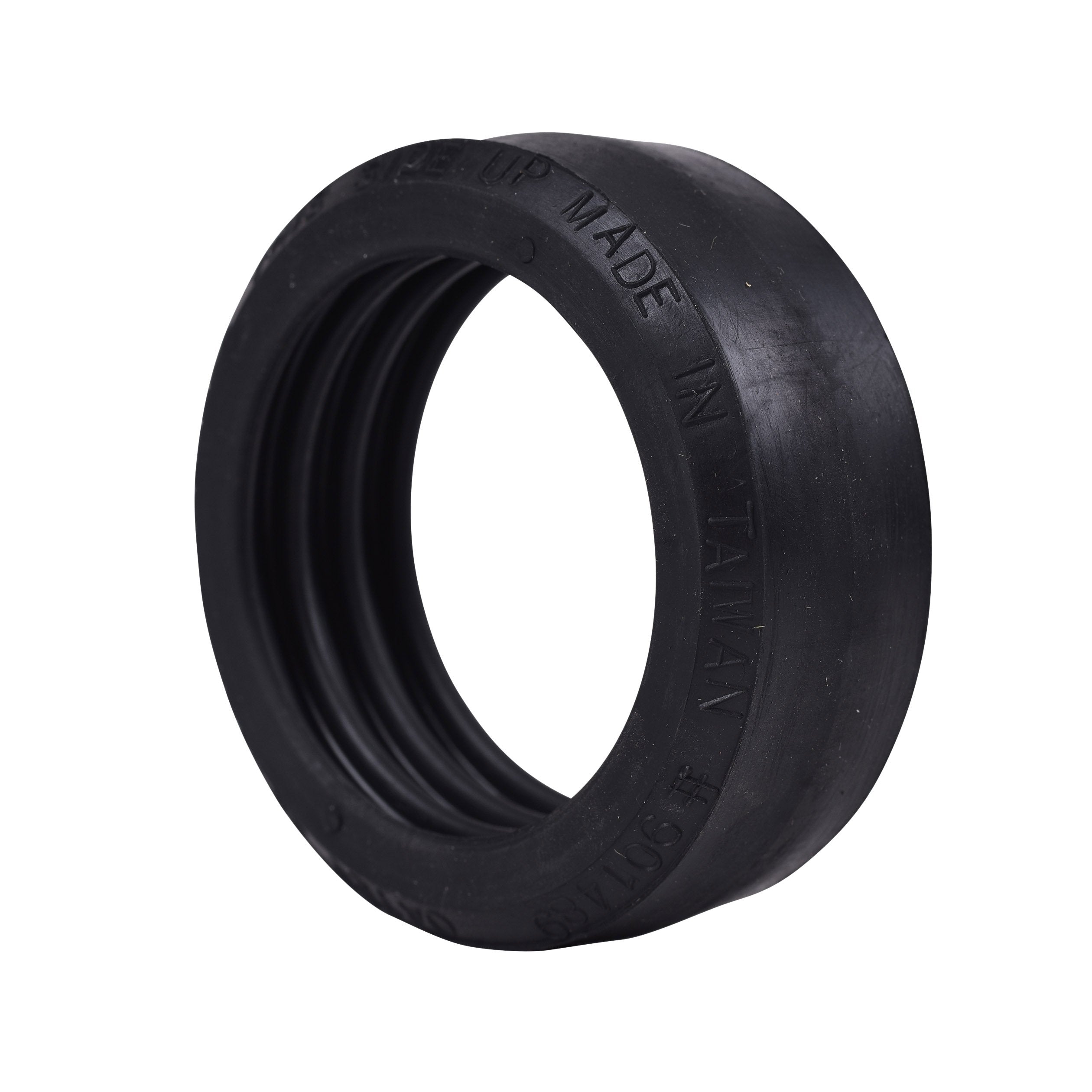 Black rubber compression ring with threaded interior grooves for 2-inch shower drain installation.