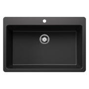 Anthracite single bowl drop-in sink with chrome drain strainer and rounded corners.