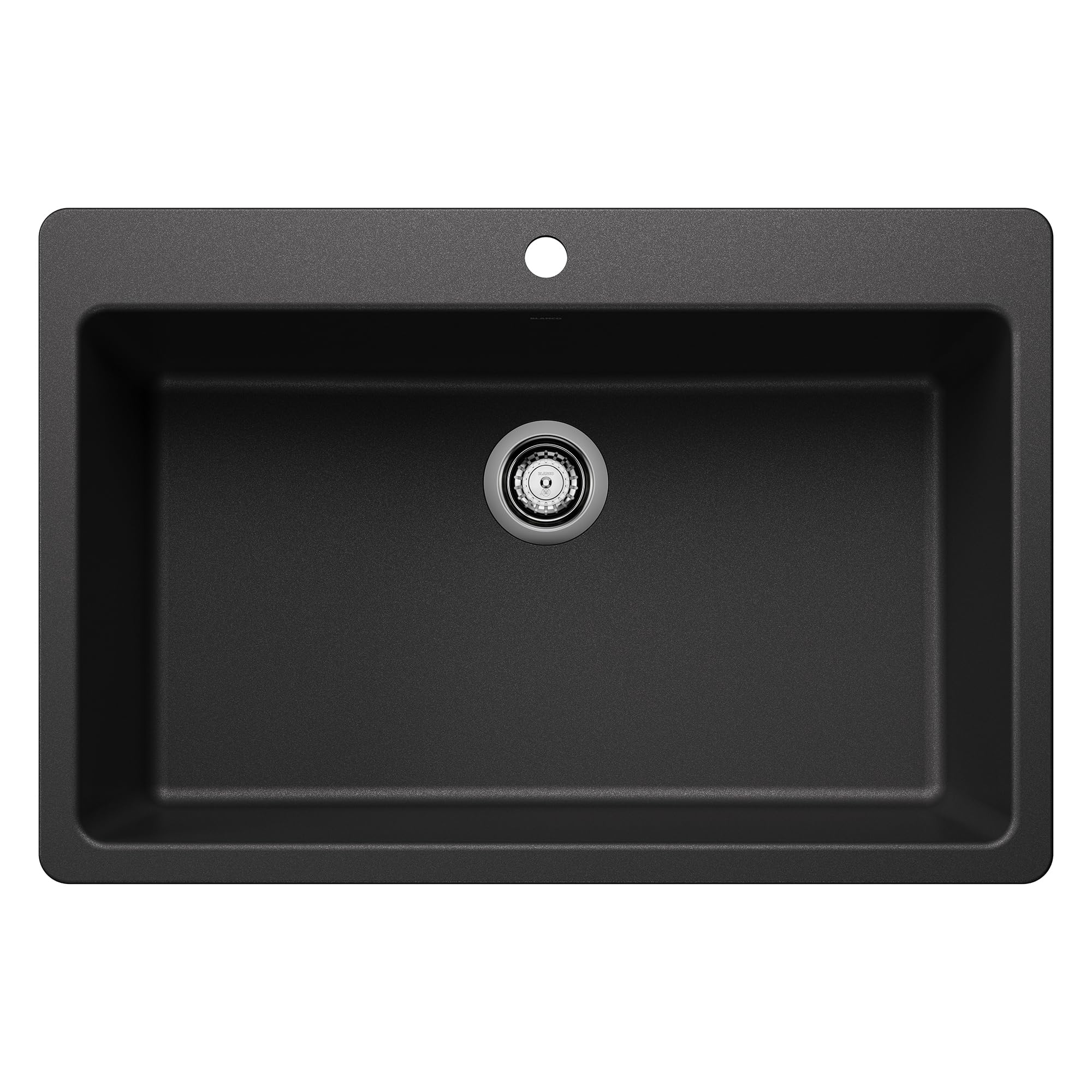 Anthracite single bowl drop-in sink with chrome drain strainer and rounded corners.