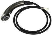 Stainless steel wand assembly with black braided hose and spray head featuring multiple water pressure settings.