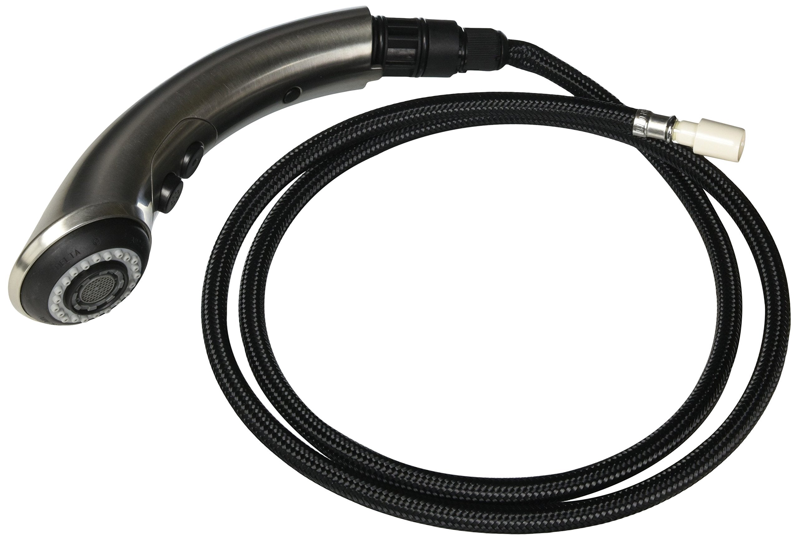 Stainless steel wand assembly with black braided hose and spray head featuring multiple water pressure settings.