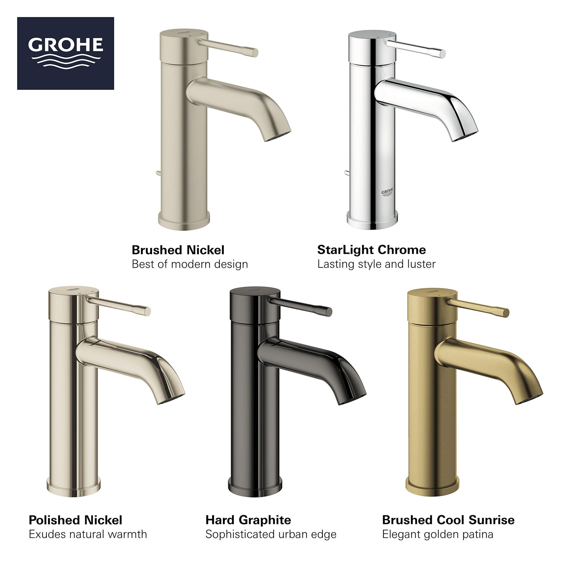 Grohe Essence single-hole bathroom faucet in brushed nickel with cylindrical body and single lever handle.