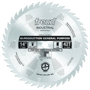 14" circular saw blade with 42 teeth, 1" arbor, labeled Freud Industrial Hi-Production General Purpose for thick stock cuttin