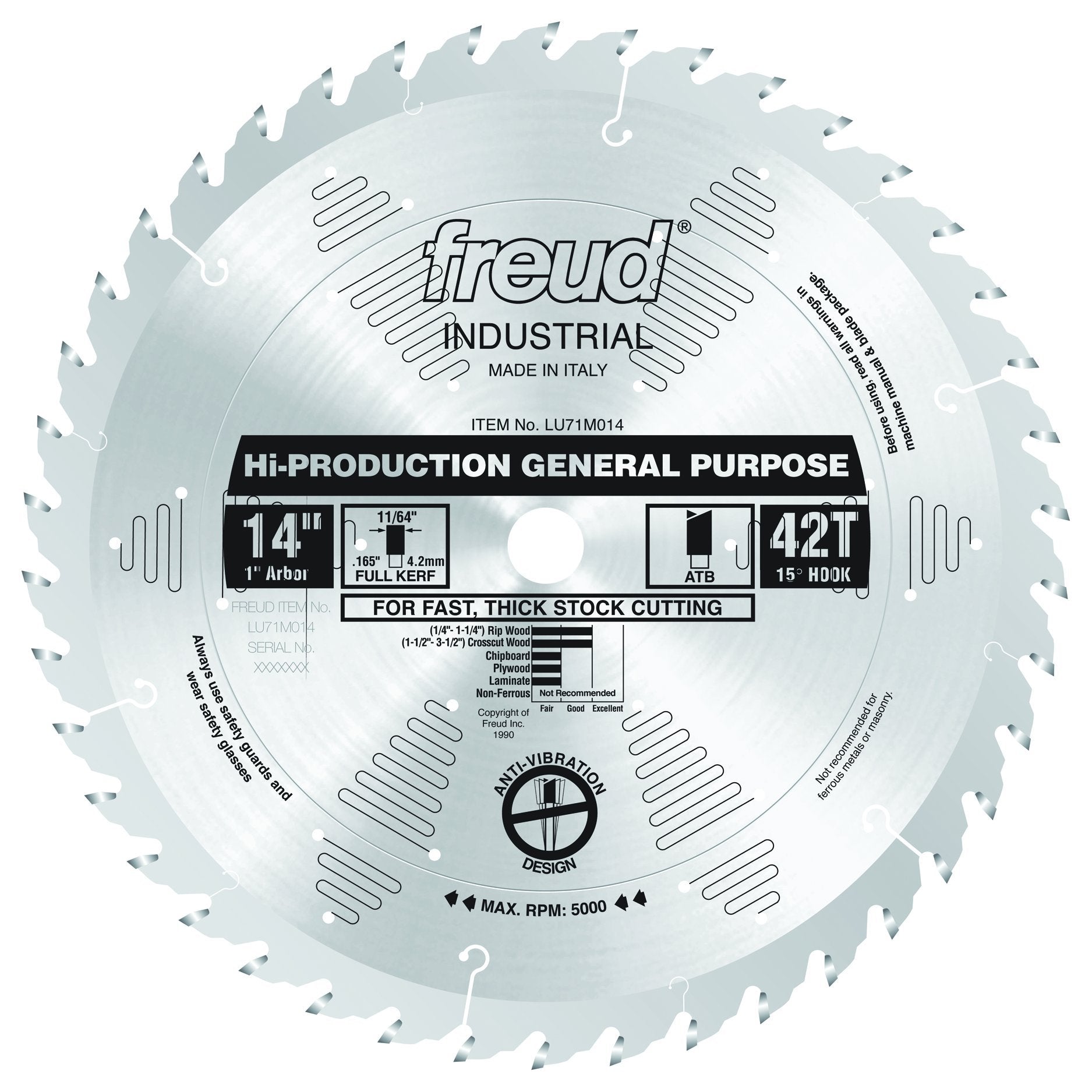 14" circular saw blade with 42 teeth, 1" arbor, labeled Freud Industrial Hi-Production General Purpose for thick stock cuttin