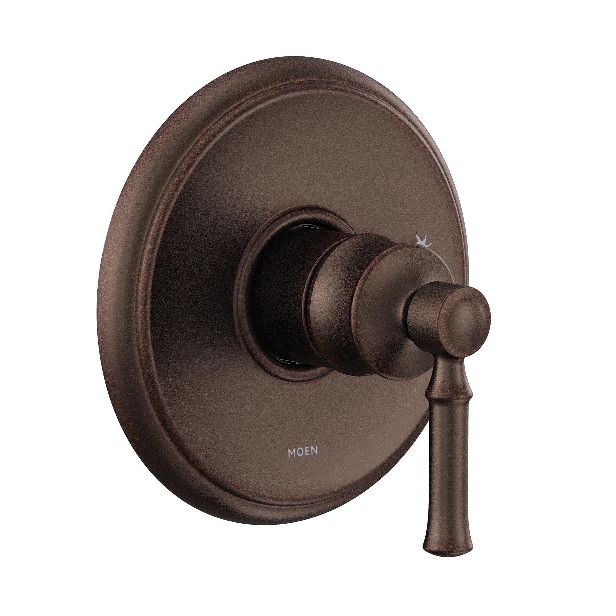 Oil rubbed bronze single-handle shower trim with circular backplate and lever handle.