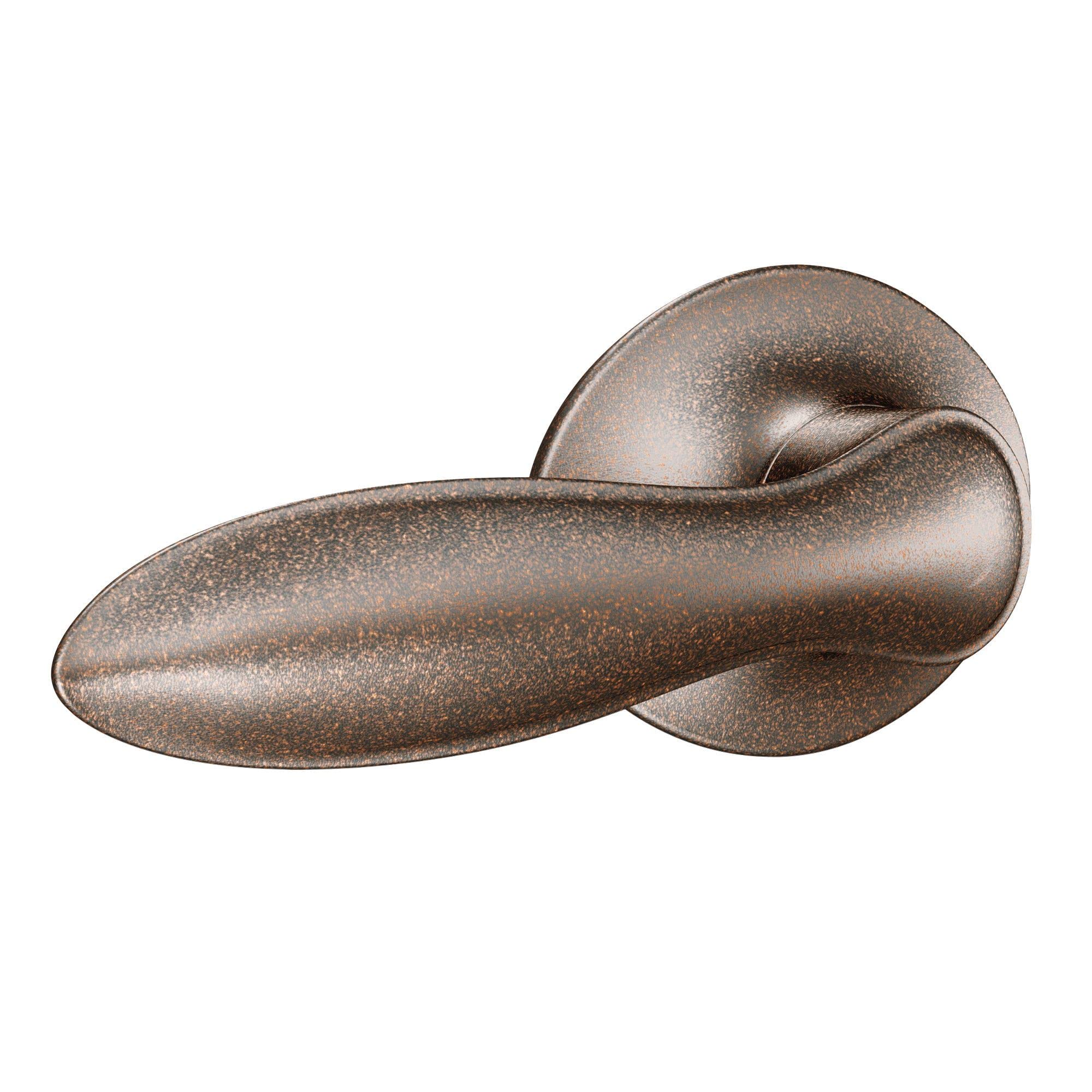 Oil rubbed bronze toilet tank lever with elongated handle and circular mounting plate.