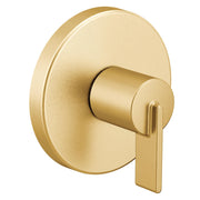 Brushed gold single-handle transfer valve trim with round escutcheon plate and lever handle.