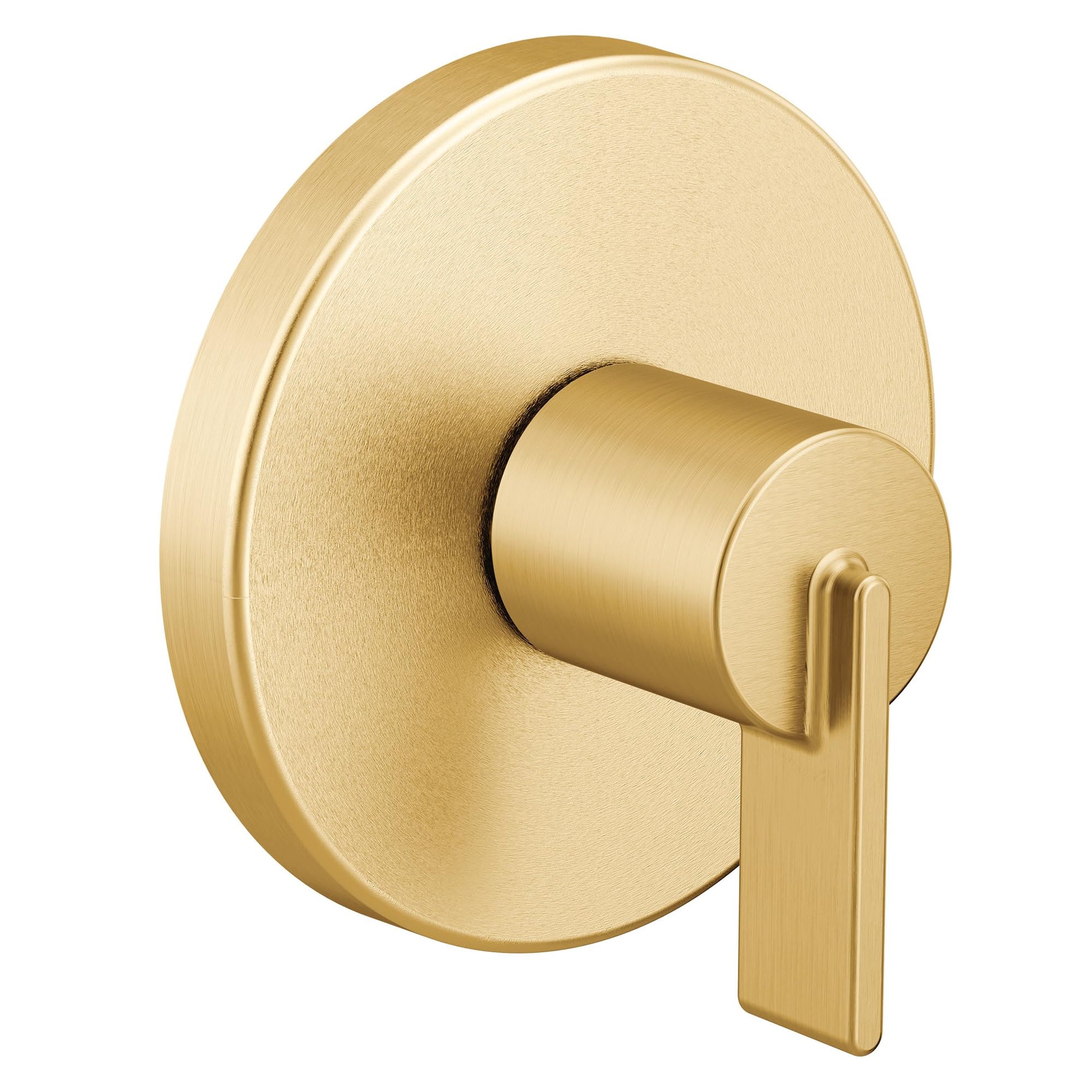 Brushed gold single-handle transfer valve trim with round escutcheon plate and lever handle.