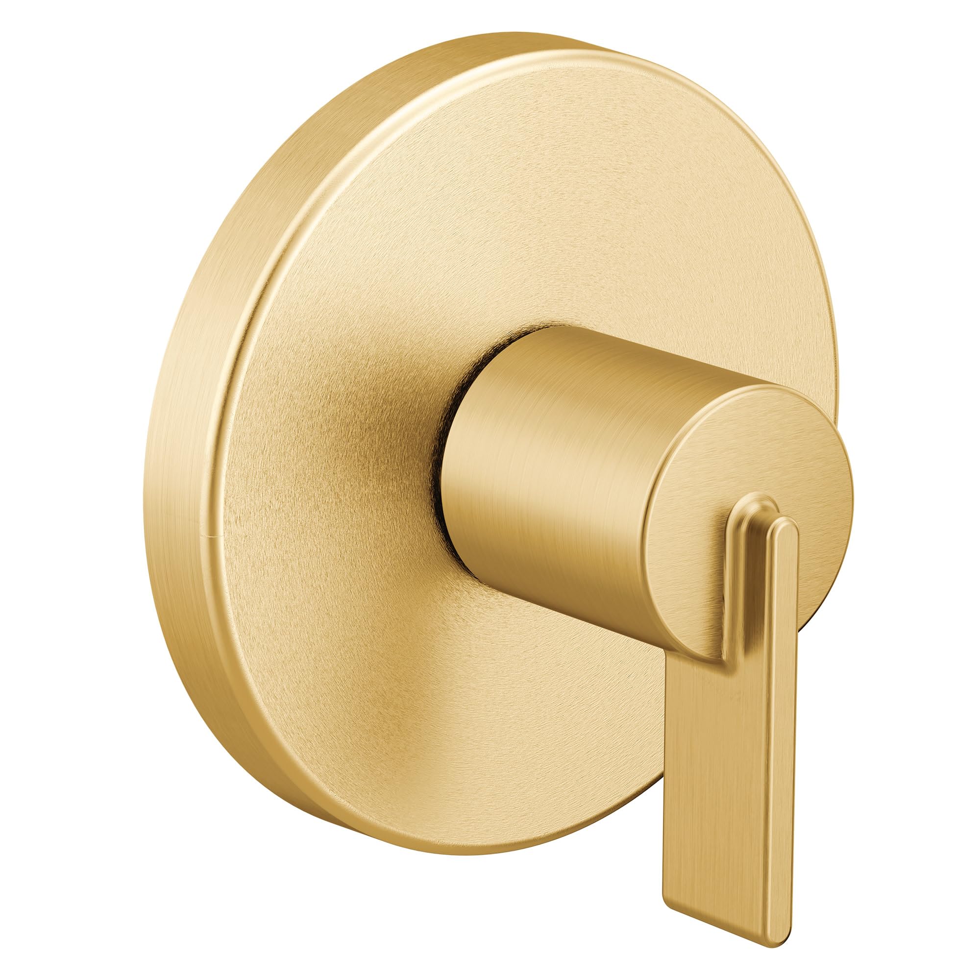 Brushed gold single-handle transfer valve trim with round escutcheon plate and lever handle.
