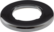 Chrome and black round soap dispenser base with gasket and central opening.