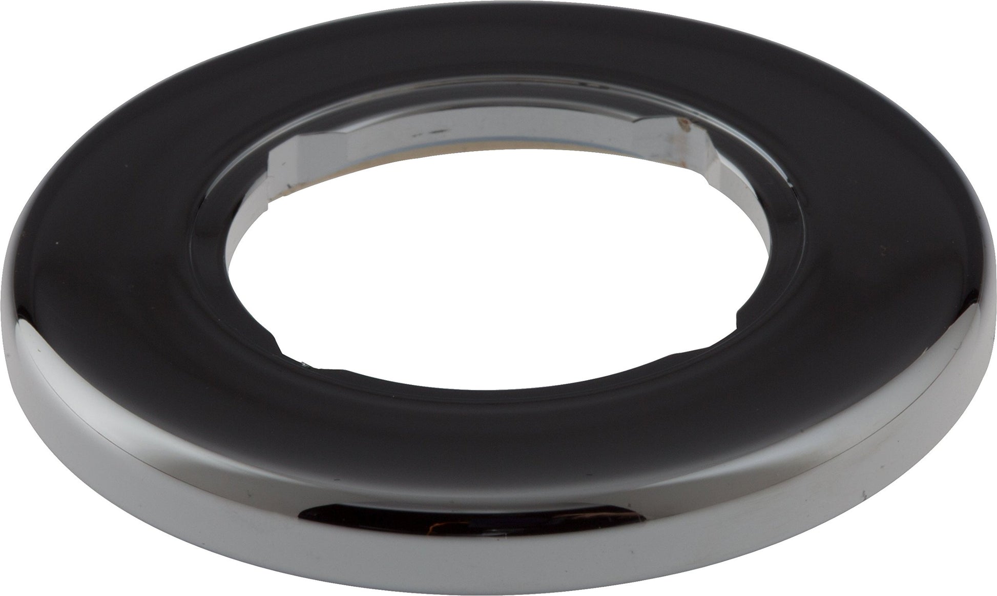 Chrome and black round soap dispenser base with gasket and central opening.
