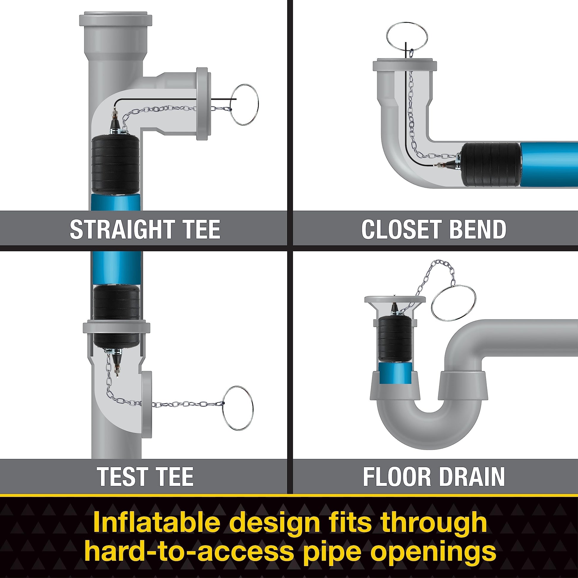 Black and blue inflatable test-ball plugs shown installed in straight tee, closet bend, test tee, and floor drain pipe config