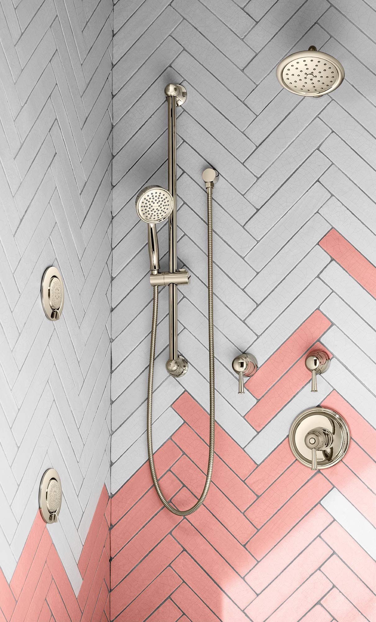 Brushed nickel shower trim kit with overhead rain showerhead, handheld showerhead on slide bar, and wall-mounted control valv