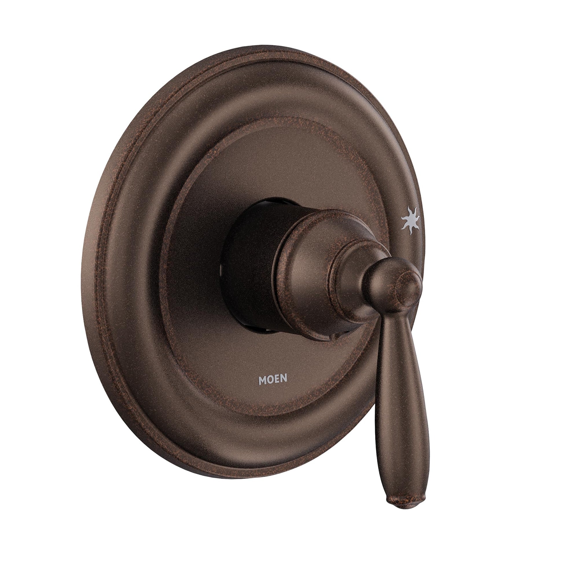 Oil rubbed bronze single-handle shower trim with circular escutcheon plate and lever handle.