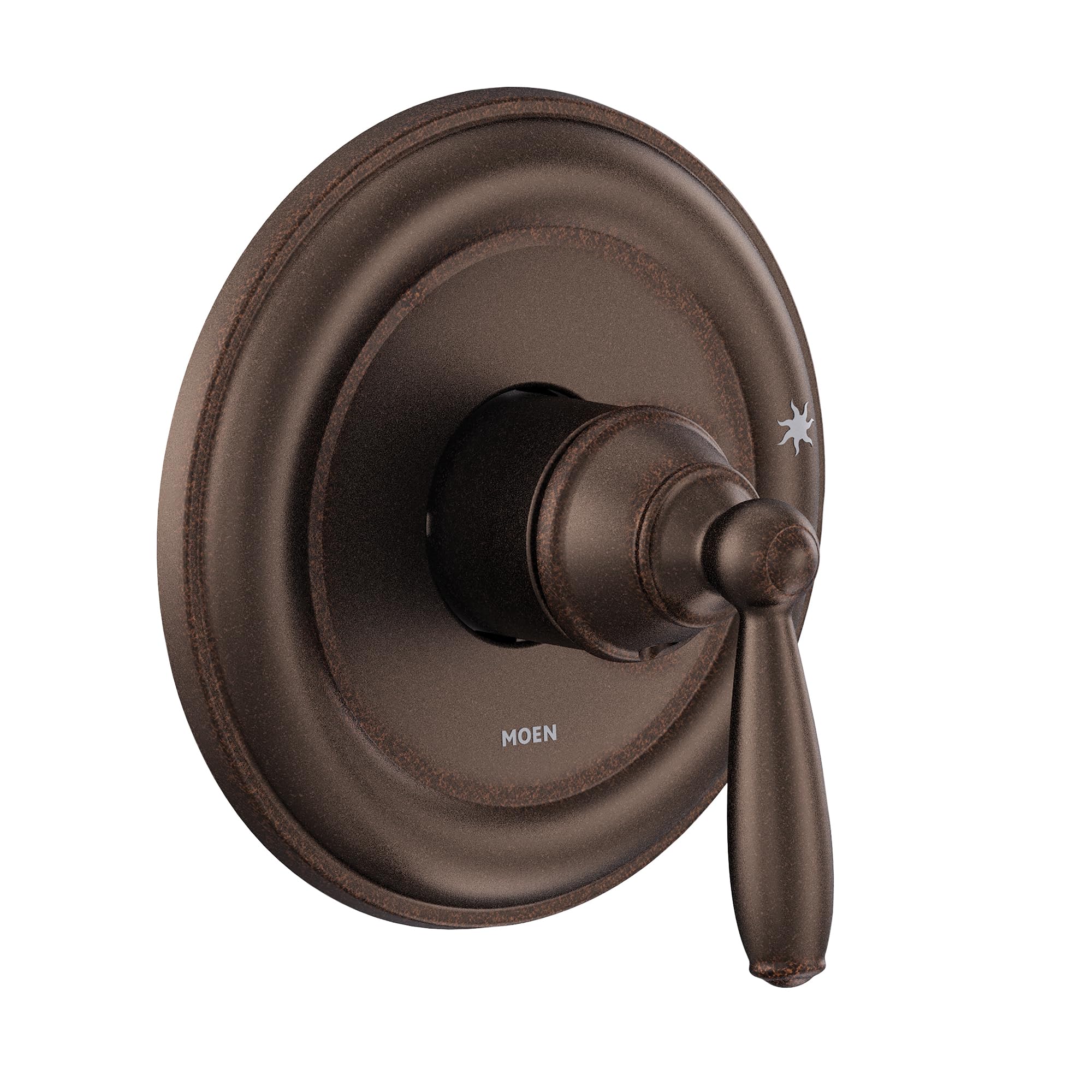 Oil rubbed bronze single-handle shower trim with circular escutcheon plate and lever handle.