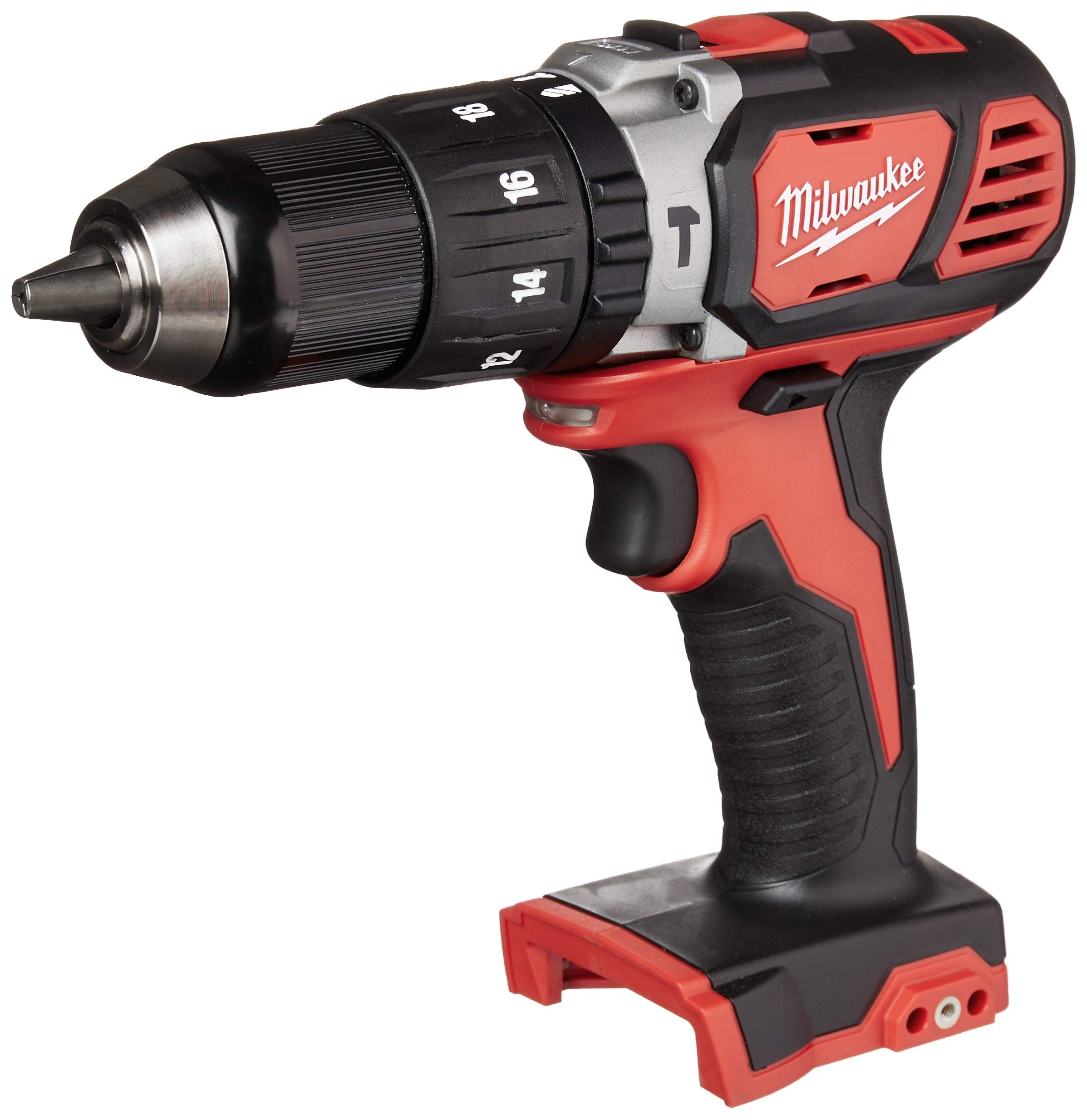 Milwaukee M18 cordless drill-driver with red and black housing, chuck with numbered settings, and black grip handle.