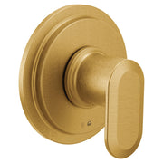 Brushed gold shower valve trim with circular backplate and lever handle control.