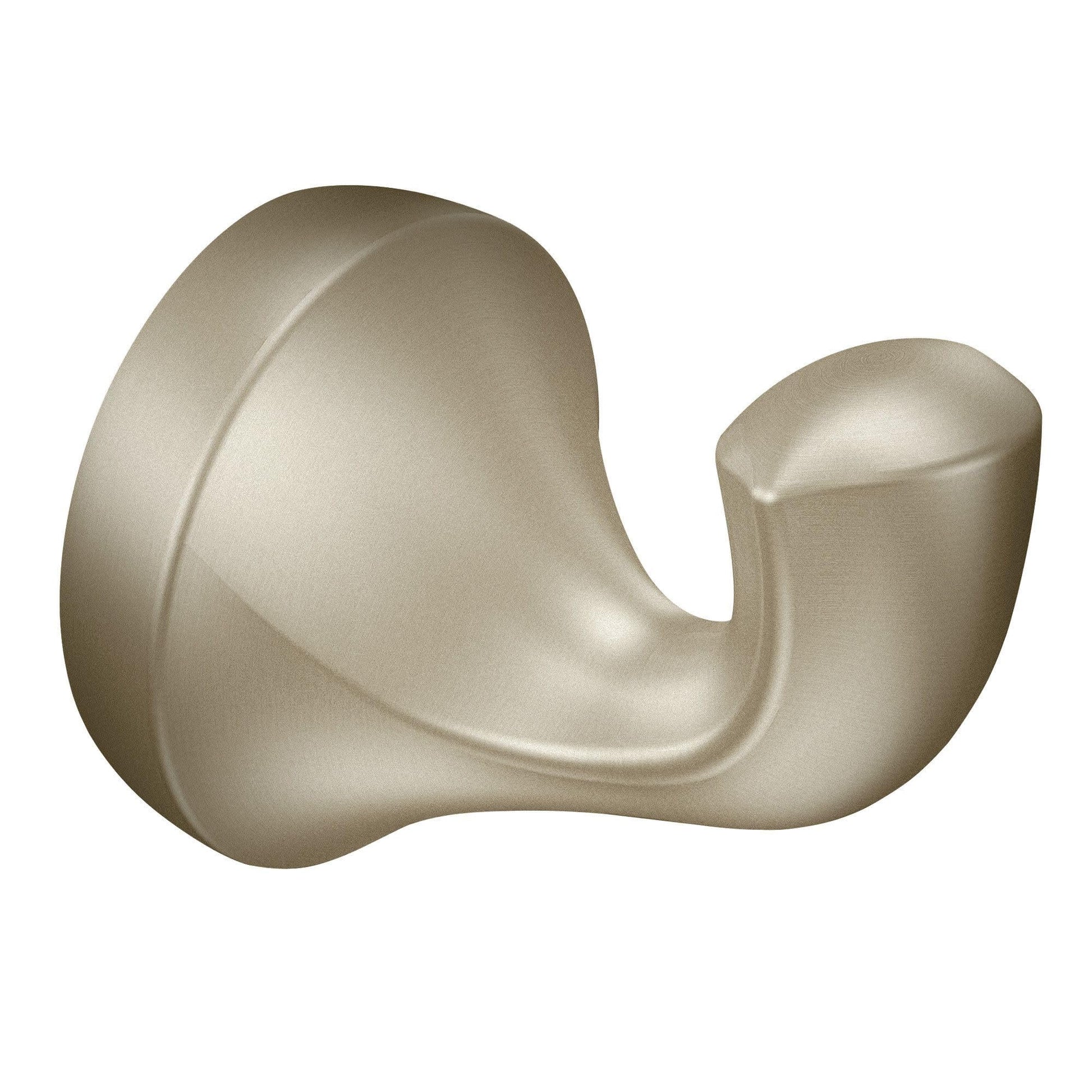Brushed nickel wall-mount robe hook with curved cylindrical hook extending from round mounting plate.