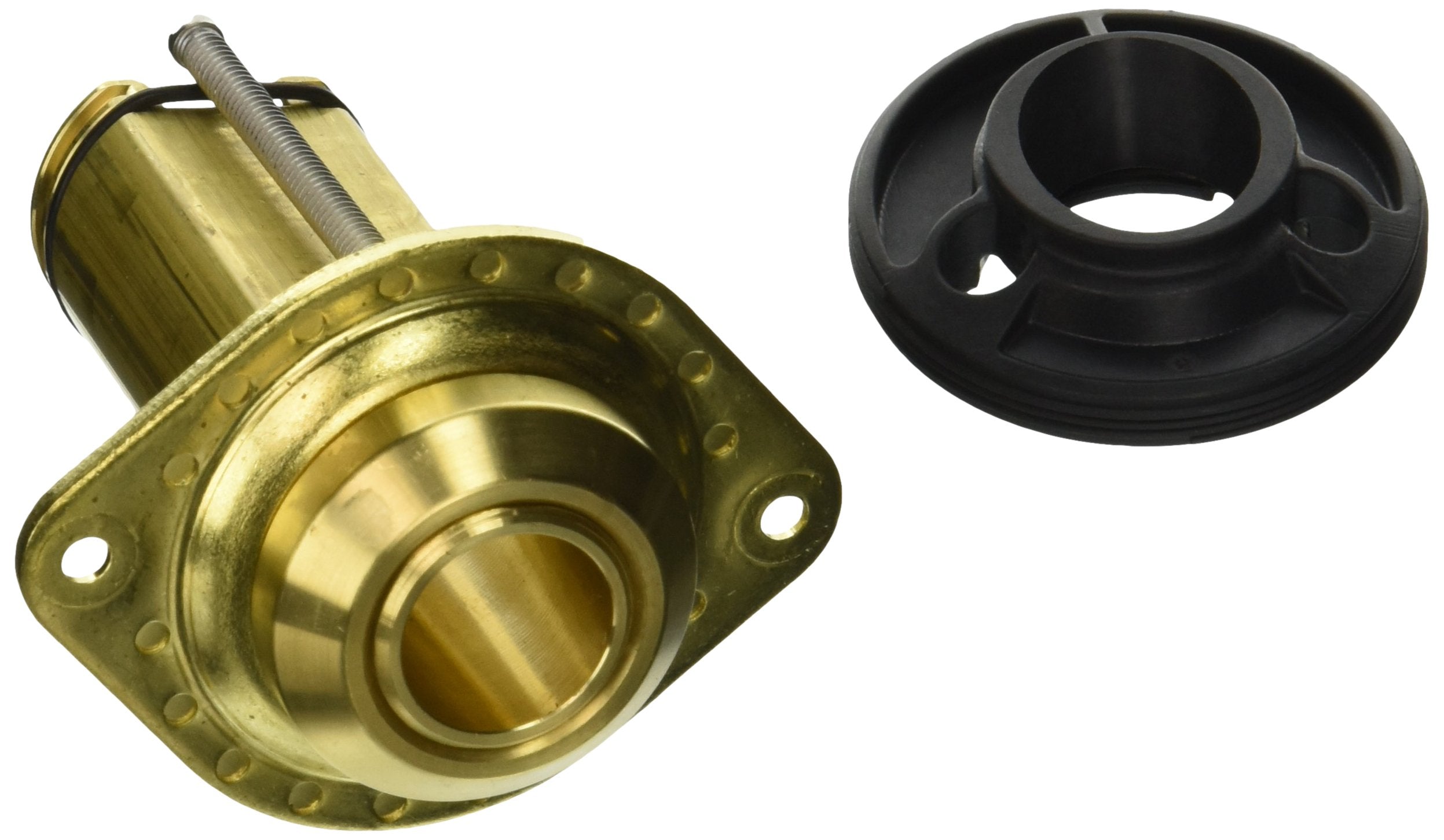 Brass hand shower shank assembly with flexible hose connection and black mounting flange.