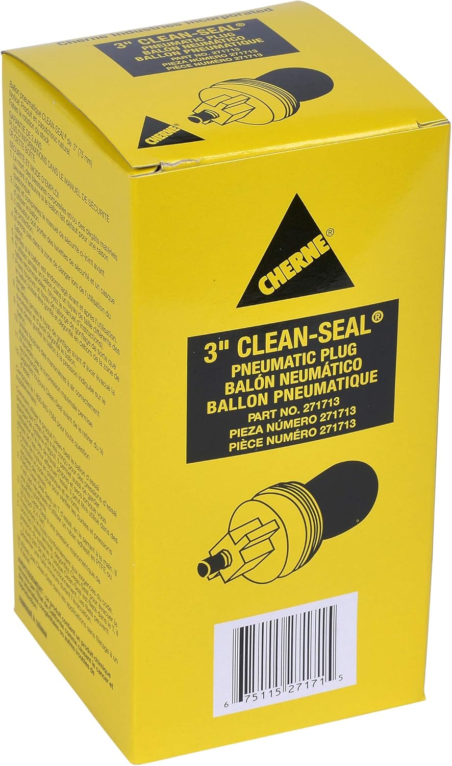 Yellow Cherne box containing a 3-inch Clean-Seal pneumatic plug with product diagrams and specifications.