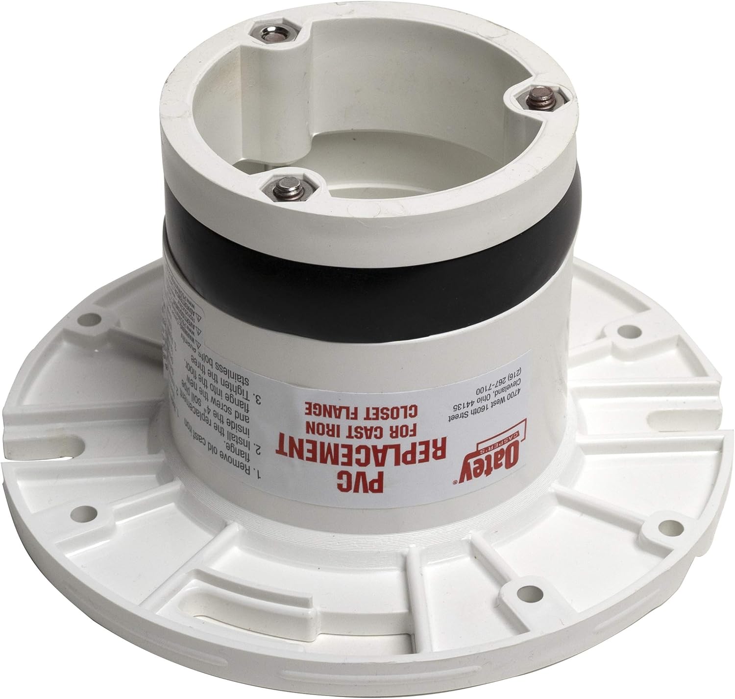 White PVC flange replacement with black rubber gasket, three mounting bolts, and wide base for cast iron pipe installation.